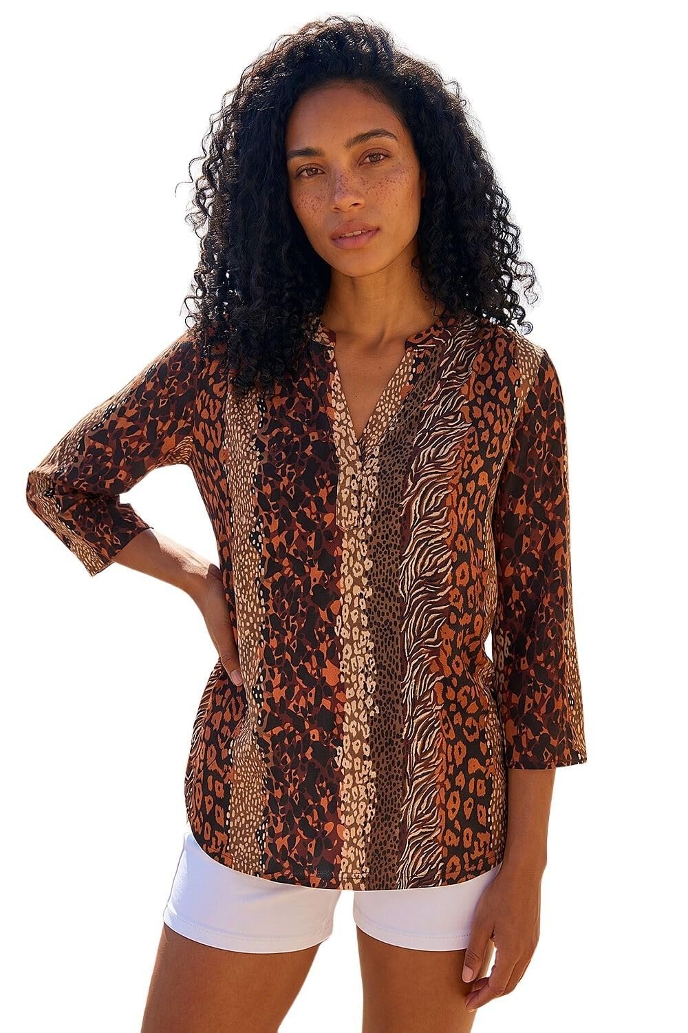 Roman Originals Women's Tan Roman Shirt For Uk Top Collarless Blouse Stretchy Tunic Smart Casual Autumn Winter Jersey 3/4 Length Sleeve Notch V Neck Flattering Office Work - Size 18