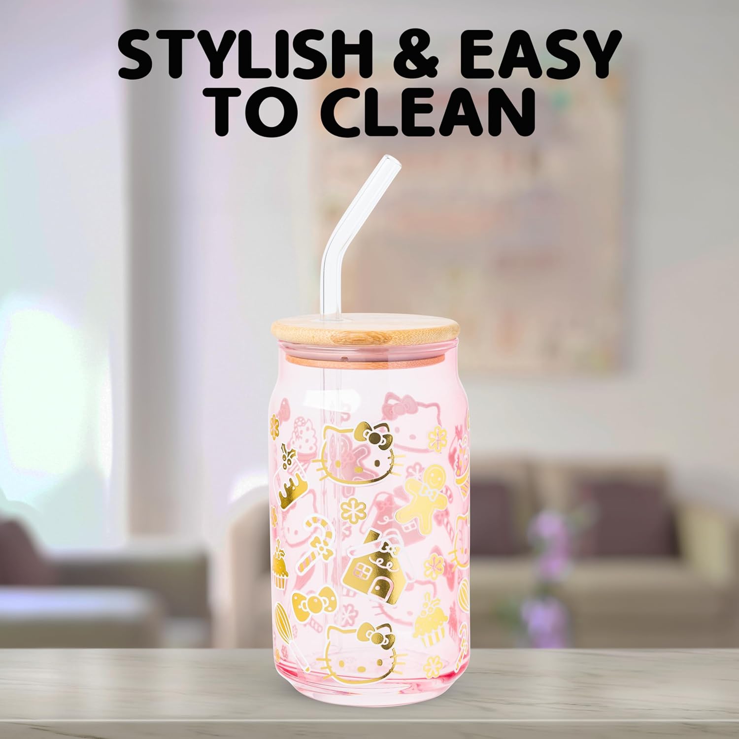 Silver Buffalo Sanrio Hello Kitty Gingerbread Cookies Christmas Holiday Pink and Gold Foil Glass Jar Tumbler with Bamboo Lid and Glass Straw, 16 Ounces - Image 6
