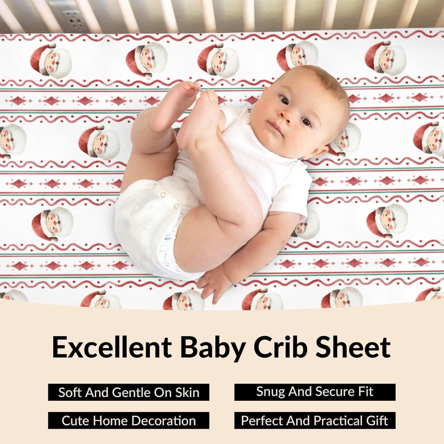 Cute Christmas Santa Stars Baby Crib Sheets Watercolor Santa Claus Striped Soft Baby Sheets Winter Festive Holiday Fitted Crib Mattress Cover for Standard Crib Mattress 52"x28"