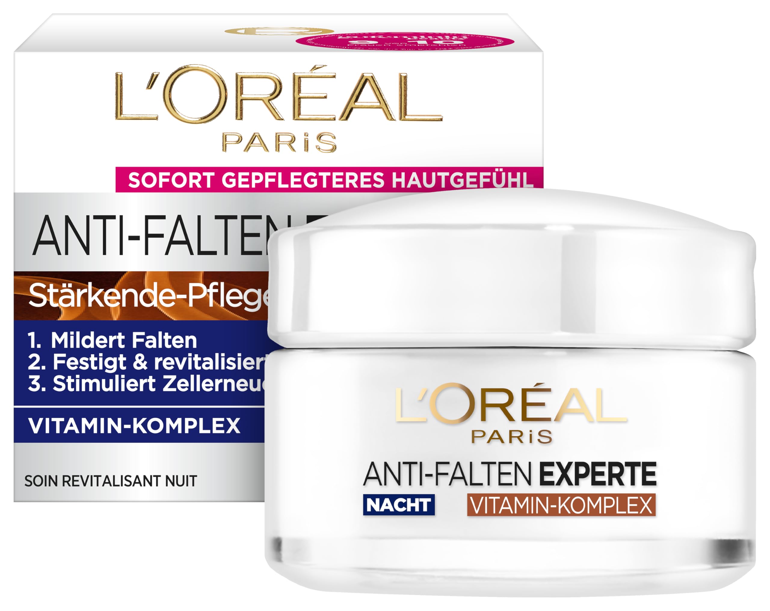 L’Oréal Paris Night Cream for the Face, Anti-Ageing Night Cream to Reduce Wrinkles, Vitamin B3 and Vitamin E, Strengthens and Revitalises the Skin, Anti-Wrinkle Expert, 1 x 50 ml