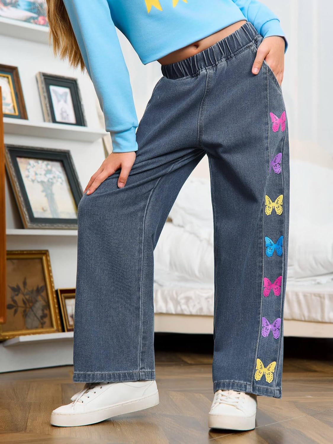 Haloumoning Girls Butterfly Print Jeans Kids Elastic Waist Wide Leg Denim Baggy Pants with Pockets 5-14Y - Image 5