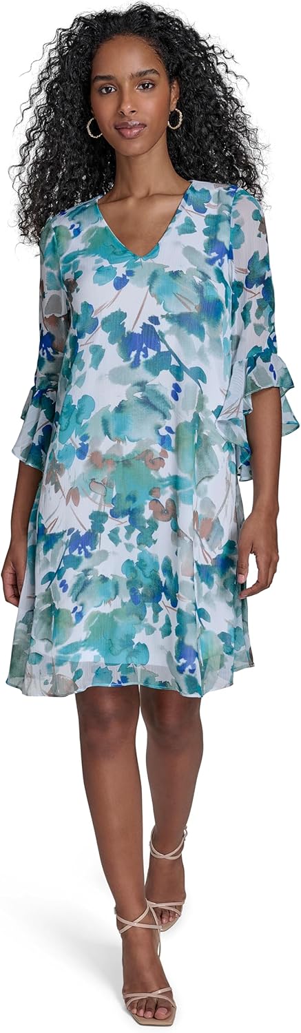 Calvin Klein Womens 3/4 Ruffle Hem Sleeve V-nek Mini Shift Dress