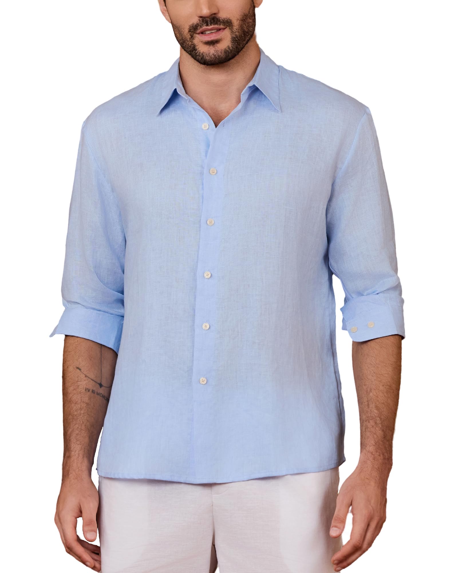 Kallspin Men's 100% Linen Button Down Shirts Classic Breathable Summer Beach Collared Shirts