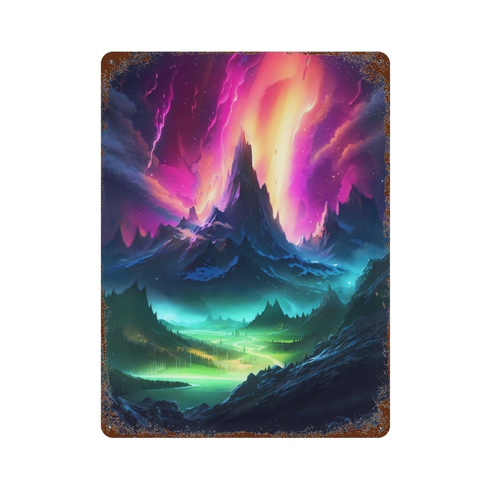 Wonderland Aurora Mountain Retro Metal Sign 15.7"x11.8", Vintage Wall Decor for Garage, Pub Or Kitchen