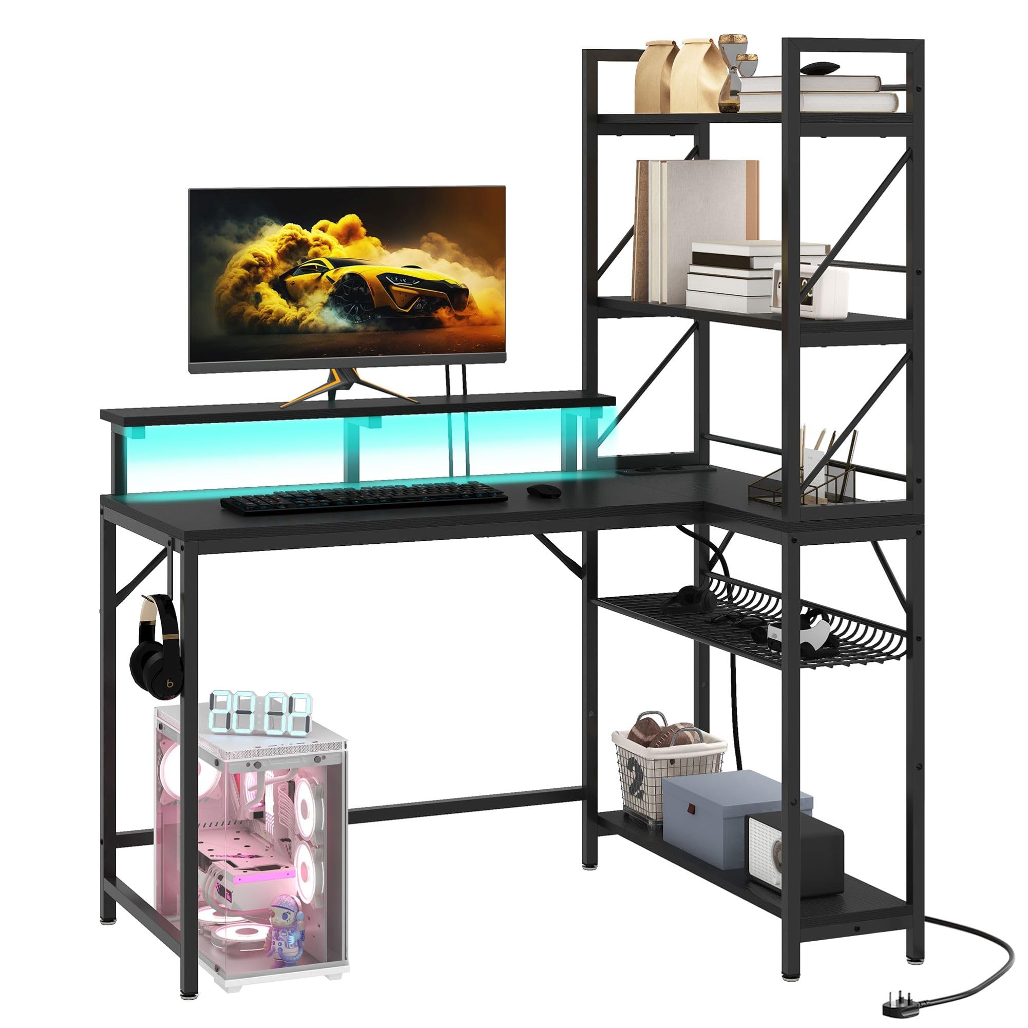 YITAHOME L Shaped Gaming Desk with Shelves Power LED 106cm Black