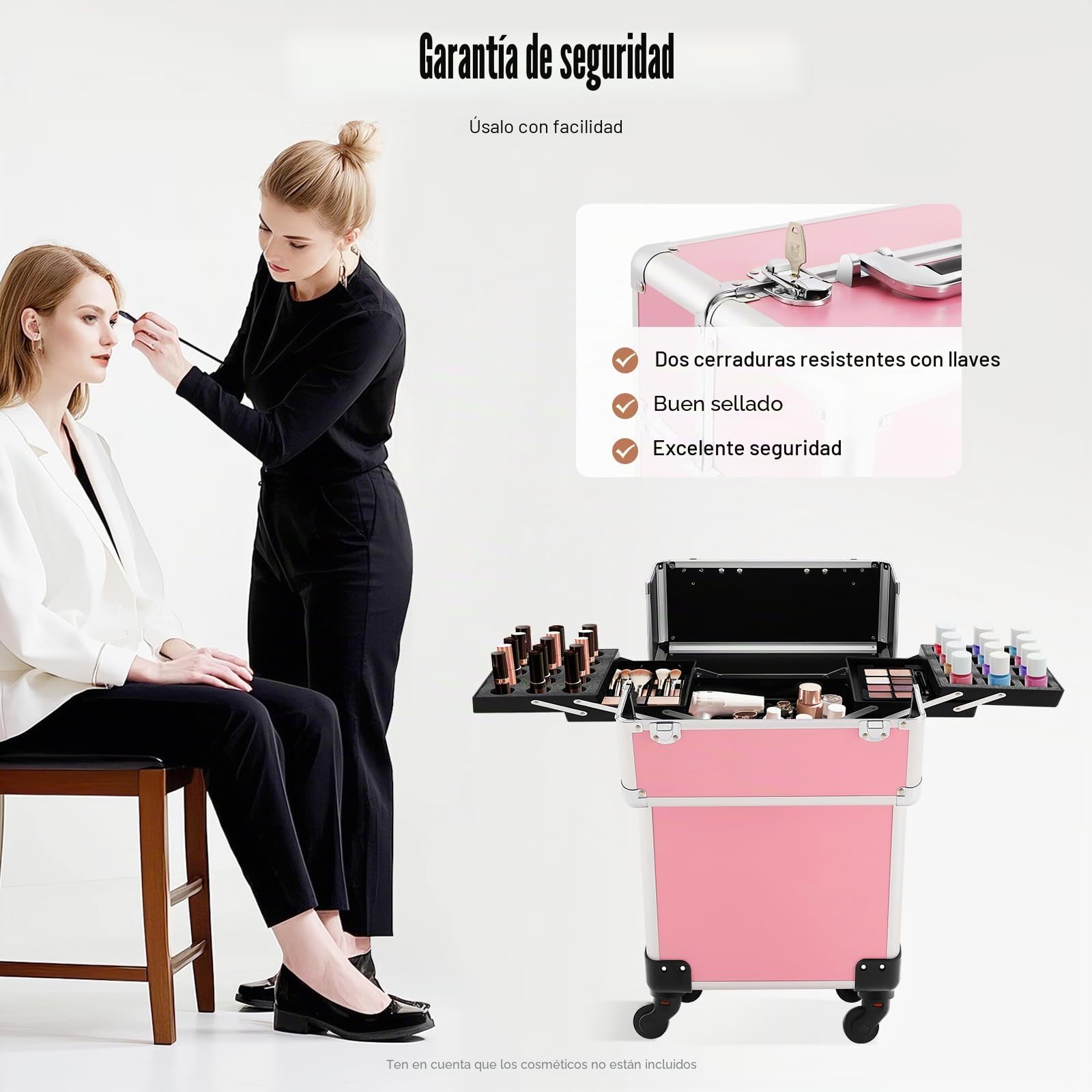 Estuche de maquillaje portátil con ruedas, maletín cosmético profesional con ruedas, estuche de peluquería de aluminio para viaje, color rosa