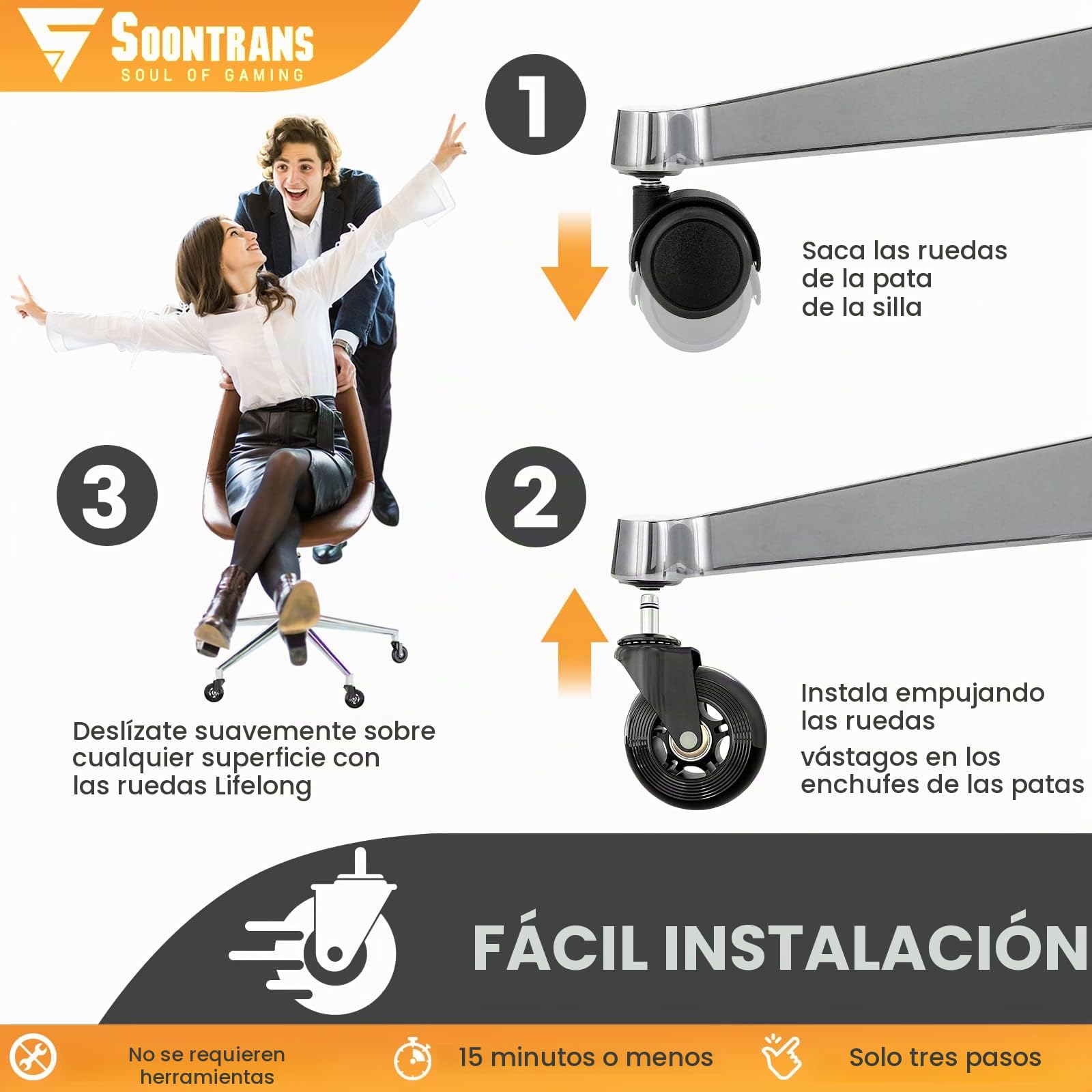 Soontrans Ruedas Silla Oficina, 11 mm x 22 mm, Deslizan Suavidad y Silencio y Suave, No Hace Ruido, No Rayan el Suelo, No Acumula Suciedad, Ruedas Silla Oficina para Parquet (Negro)