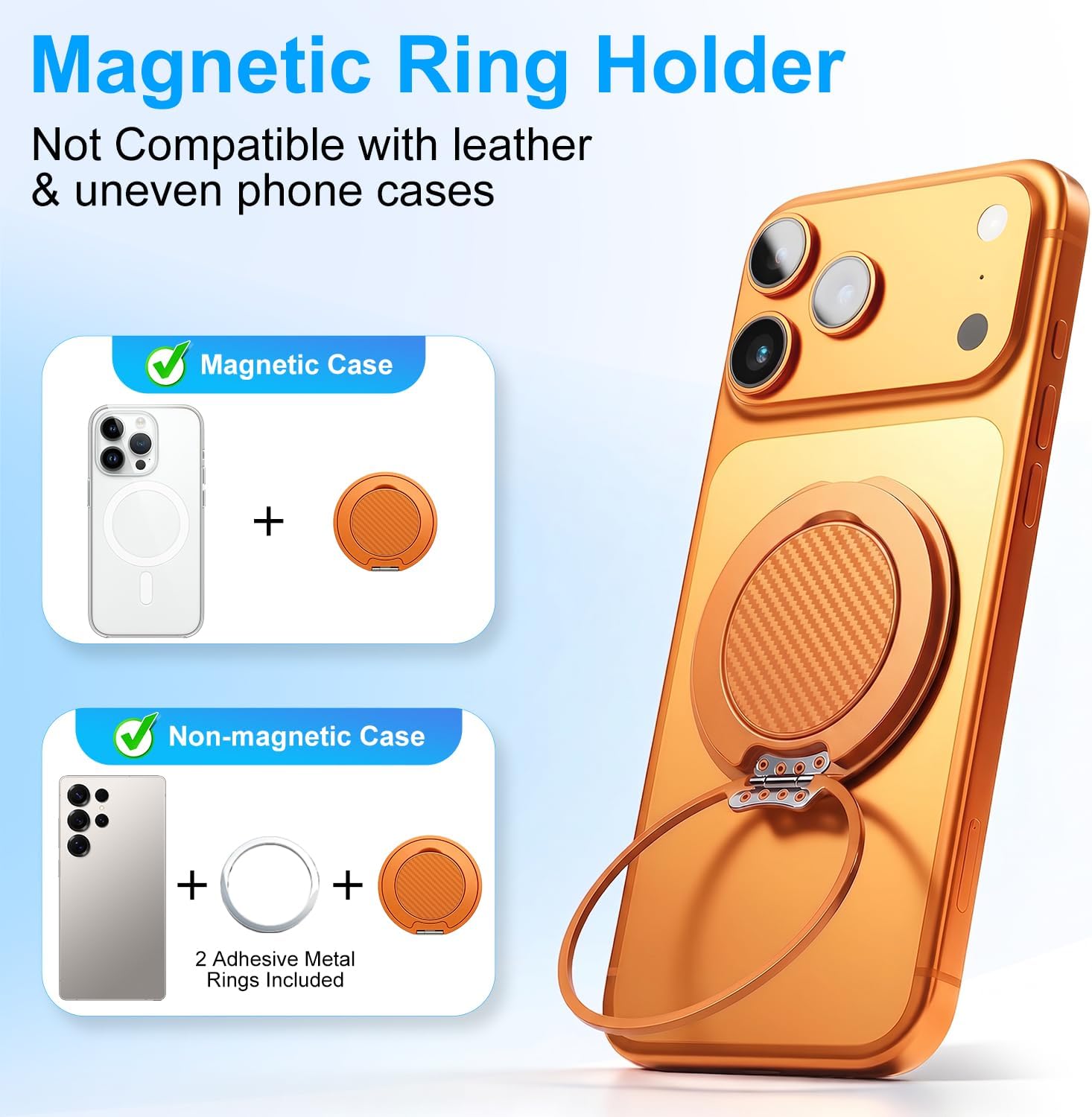 Magnetic Phone Ring Holder for MagSafe, Phone Grip, Compatible with iPhone 17 Pro Max 16 15 14 and Android, Phone Finger Ring Stand for Men Women, Orange