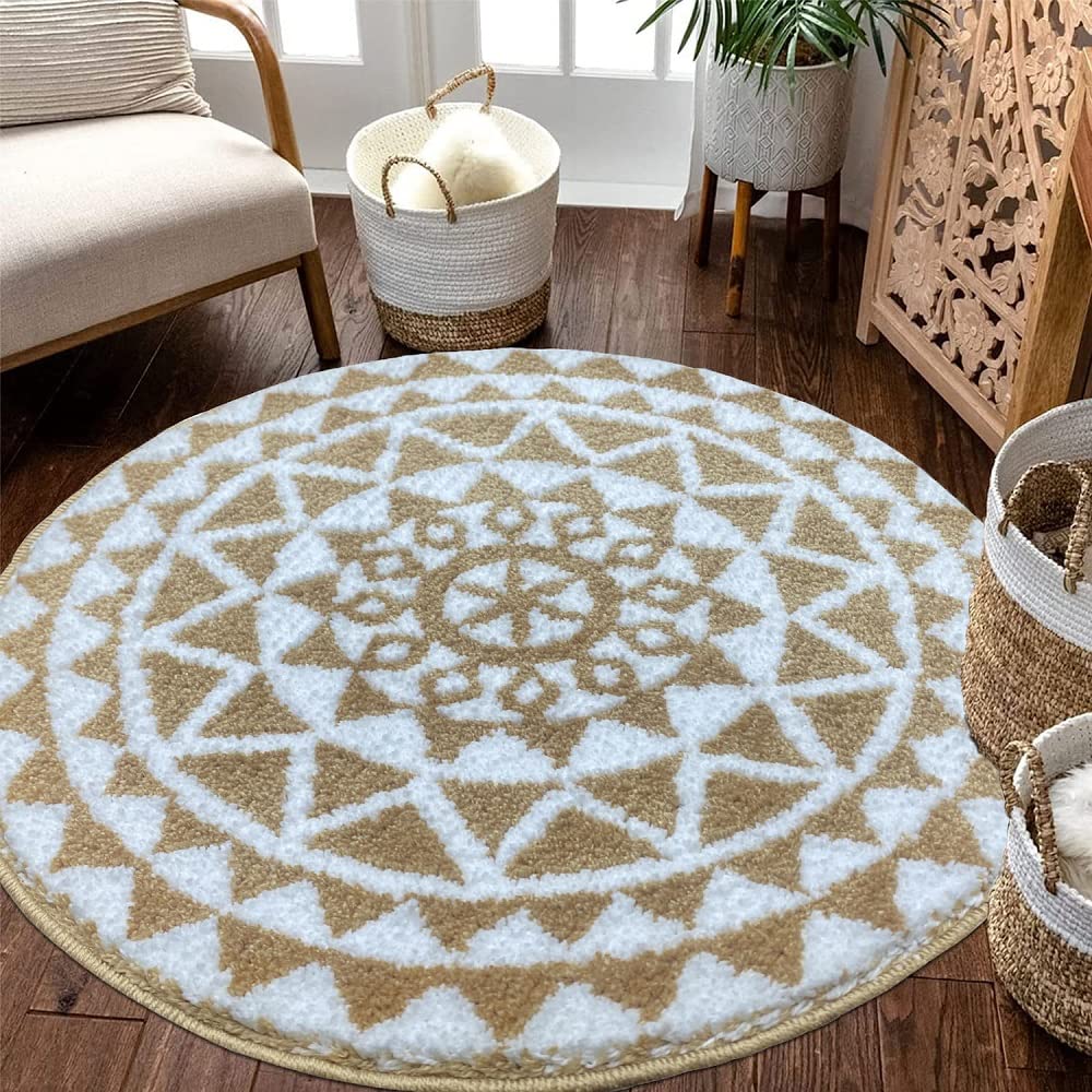 Roseate Persian Round Rug (60x60 cm) Microfibre 2000 GSM Rugs/Carpet for Living Room/Bedroom/Bathroom/Door Mat/Kitchen/Floor Mat (Beige & White) Pack of 1