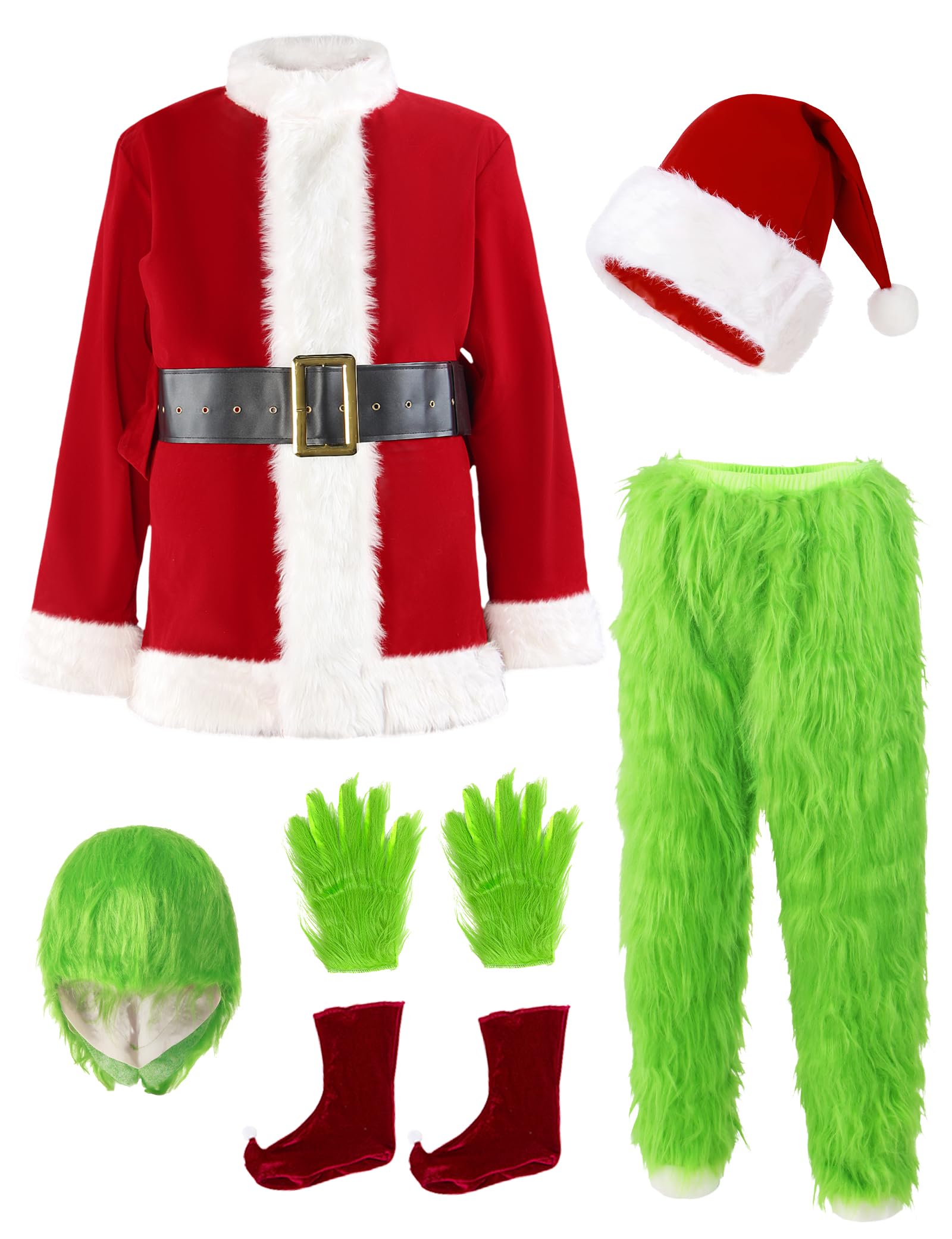 Christmas Costume Adults Men Santa Claus Suit 8PCS Deluxe Professional Furry Xmas Halloween Cosplay Outfit for Adult Set