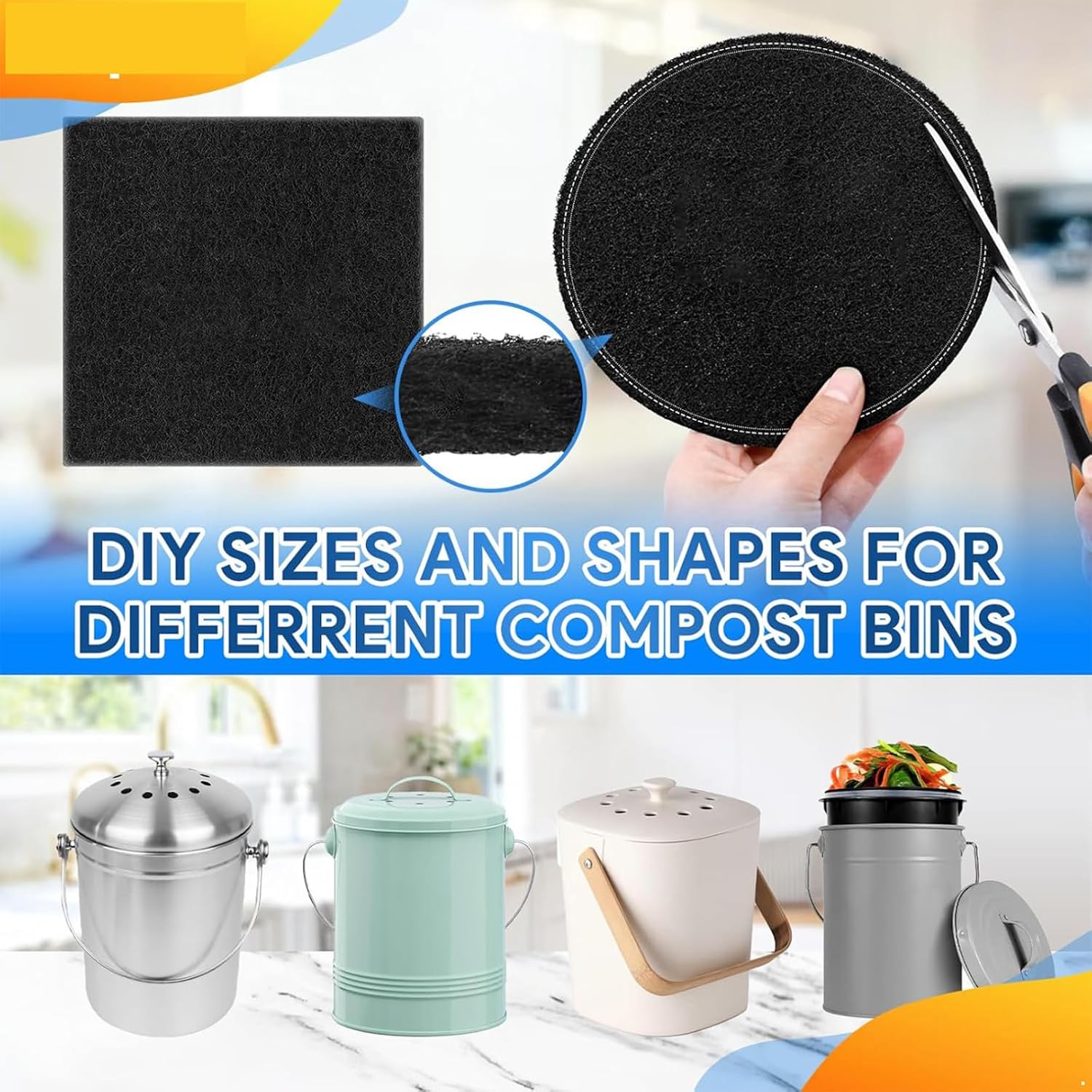 FEESHOW 10 Pack Charcoal Filters for Kitchen Compost Bin, Activated Charcoal Home Bucket Refill Sets, Round 6.7 Inch Black Square One Size