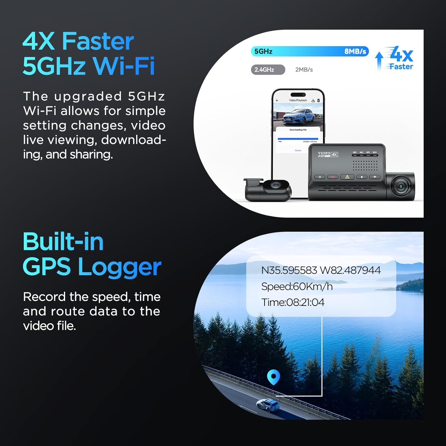 VIOFO 4K HDR Dash Cam Front and Rear A139 Pro 2CH, STARVIS 2 IMX678 Sensor, Superb Night Vision, Ultra HD 4K + 1080P Dashcam for Car, 5GHz WiFi GPS, 24H Parking Mode (A139PRO 2CH)