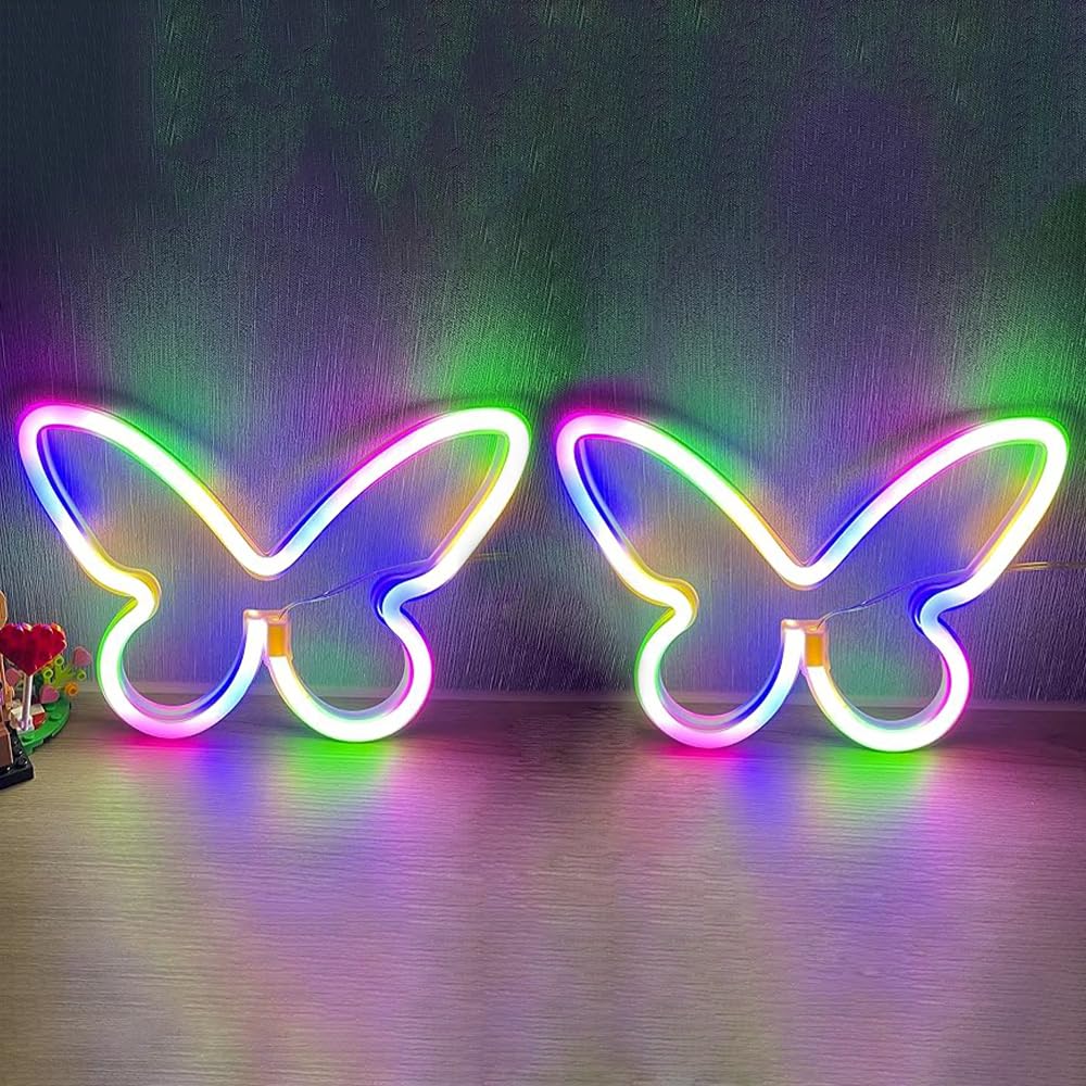 2PCS LED Neon Light Sign Butterfly Neon Signs Home Night Lights for Kids' Bedroom Decorative lamps Wall Art Romantic Christmas Birthday Gift