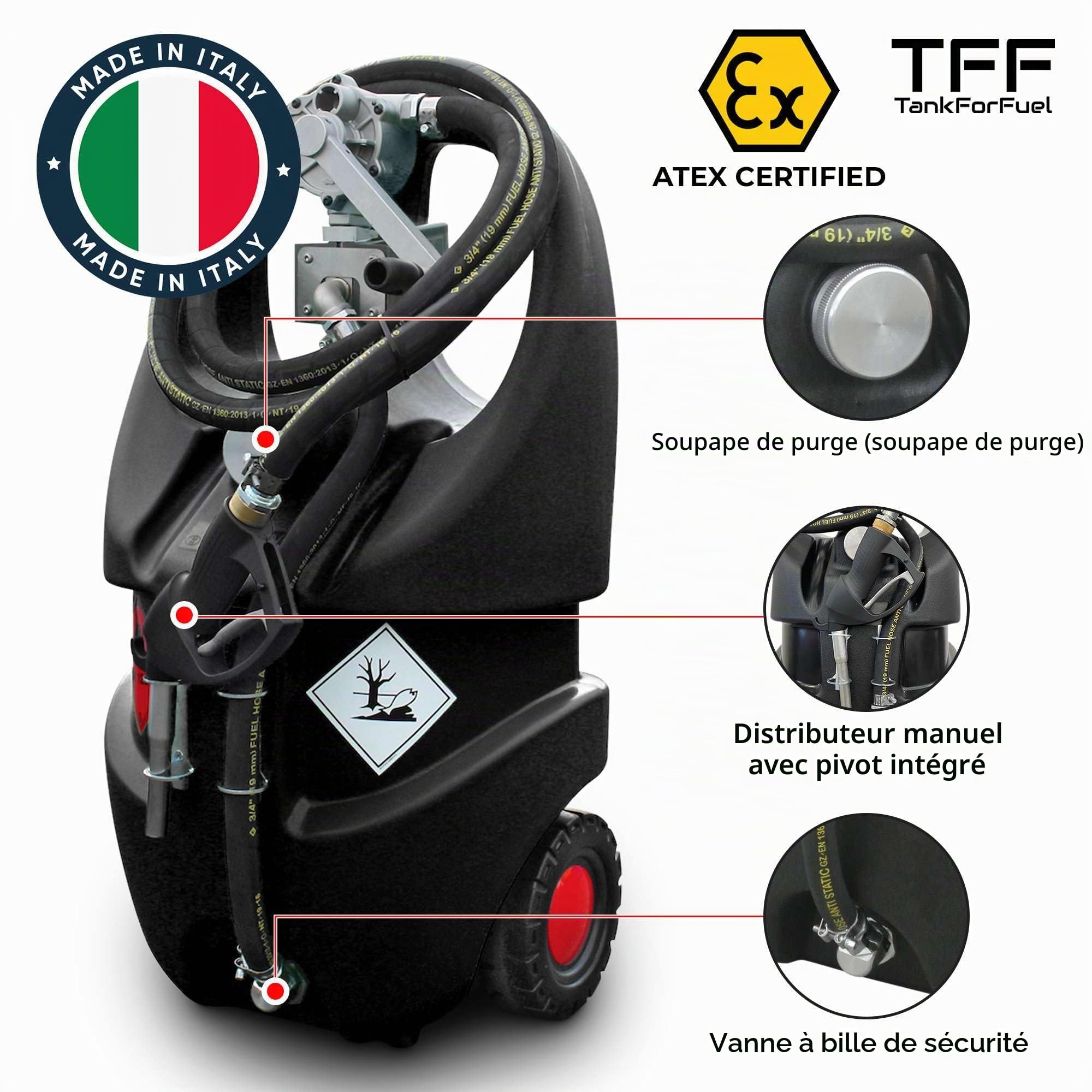 Réservoir Essence Mobile 55L Certifié ATEX, Pompe à Essence Manuelle de Ravitaillement, Débit 30 l/min avec Tuyau Antistatique de 3 Mètres, Réservoir de Carburant Mobile pour un Remplissage Efficace