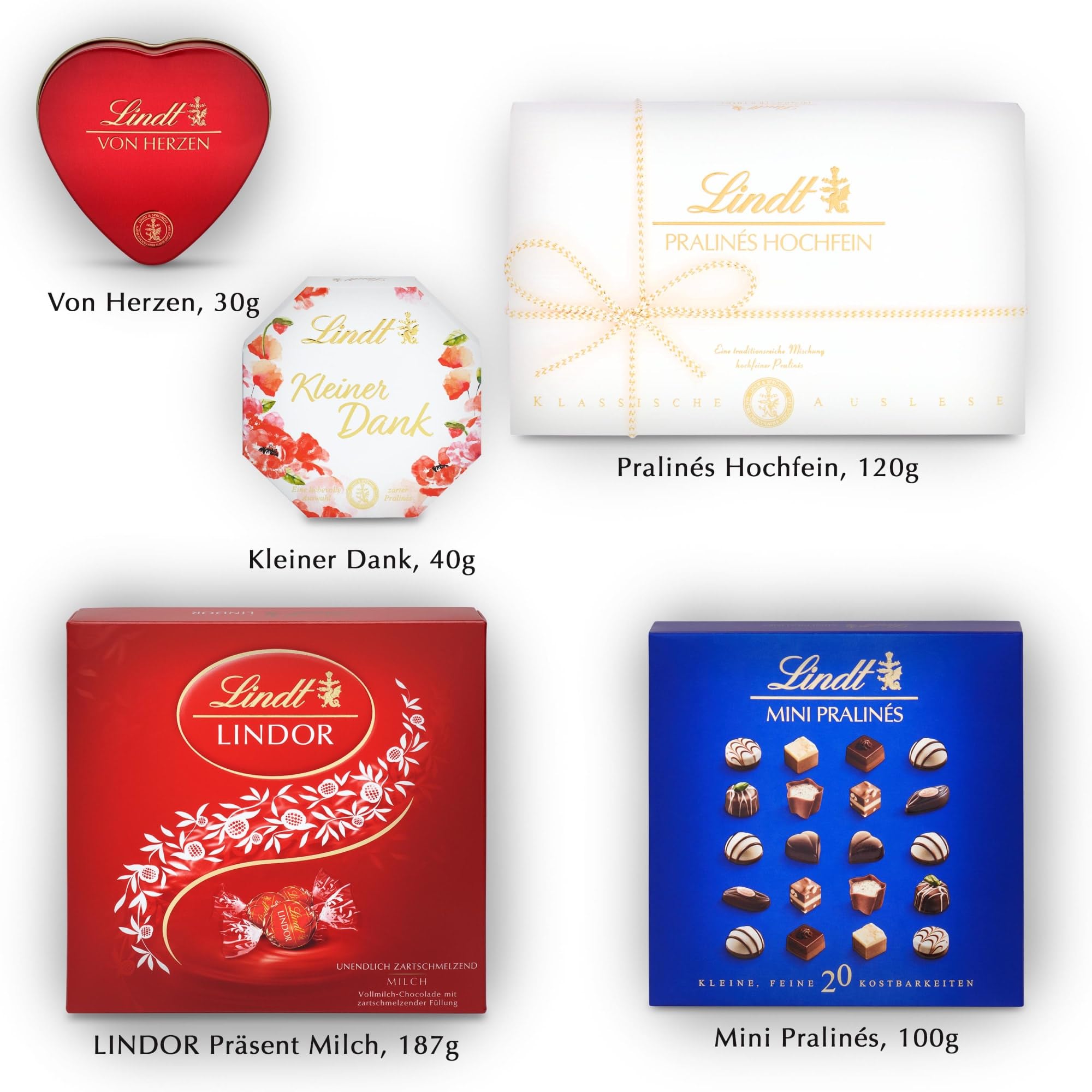 Lindt Schokolade Pralinen Geschenke Set | 477g | 5 Schachteln Lindt Pralinés in den Varianten Hochfein, Mini Pralinés, LINDOR Präsent, Kleiner Dank, Von Herzen | Pralinengeschenk | Schokoladengeschenk
