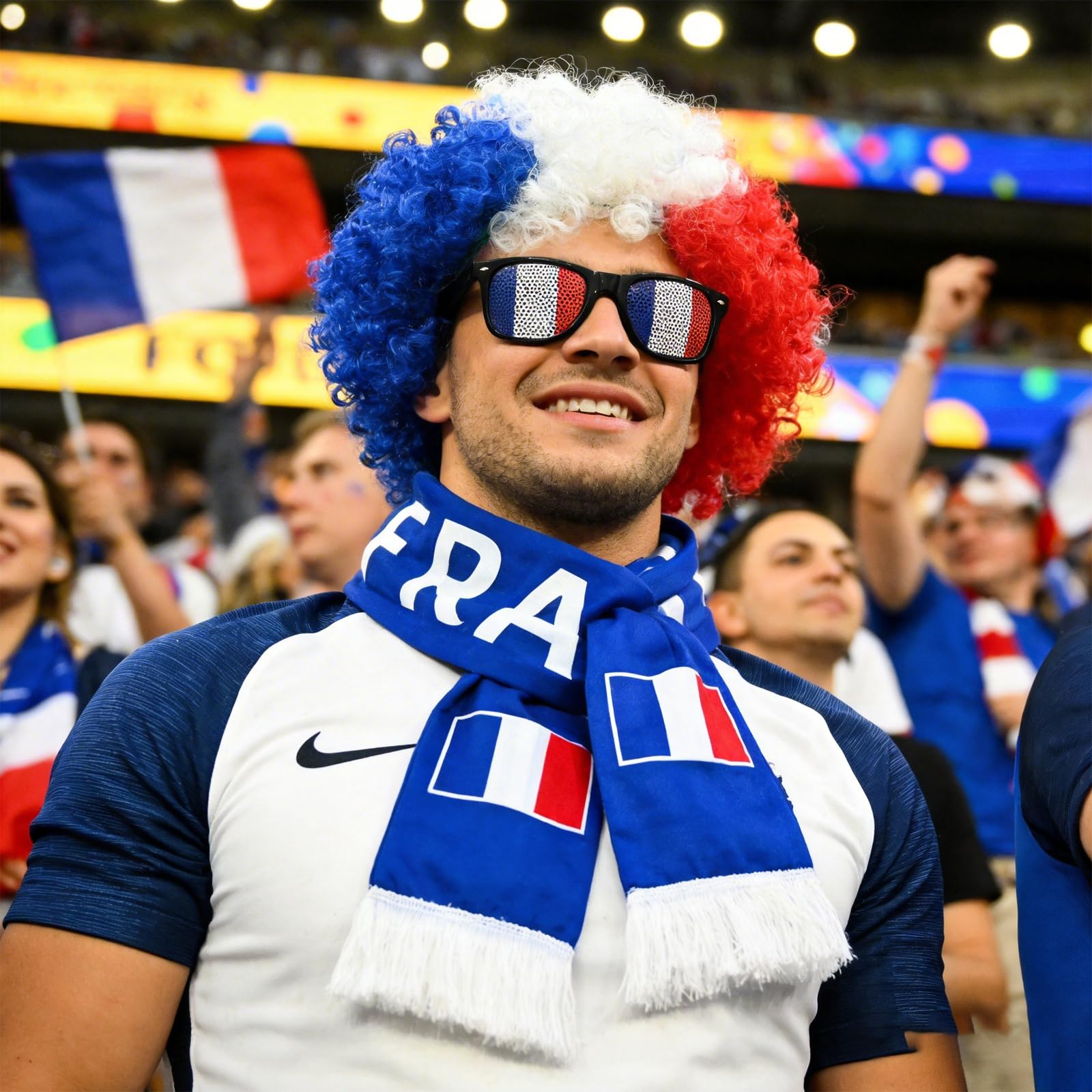 Kit Supporter France 7 Pièces, Football Accessoire avec Lunettes Écharpe Perruque et Drapeau pour Coupe du Monde 2026 Fête Garçons Filles au Stade