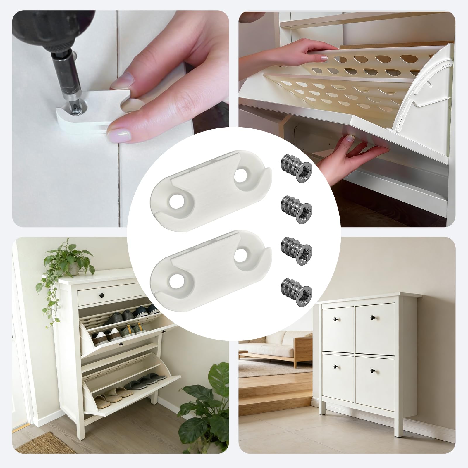 Szafka na buty z zawiasami uchwyt do IKEA HEMNES – części zamienne 110364 do IKEA HEMNES STÄLL regał na buty z akcesoriami instalacyjnymi, łatwy montaż okuć uchylnych, regał na buty (2 sztuki, 4 śruby