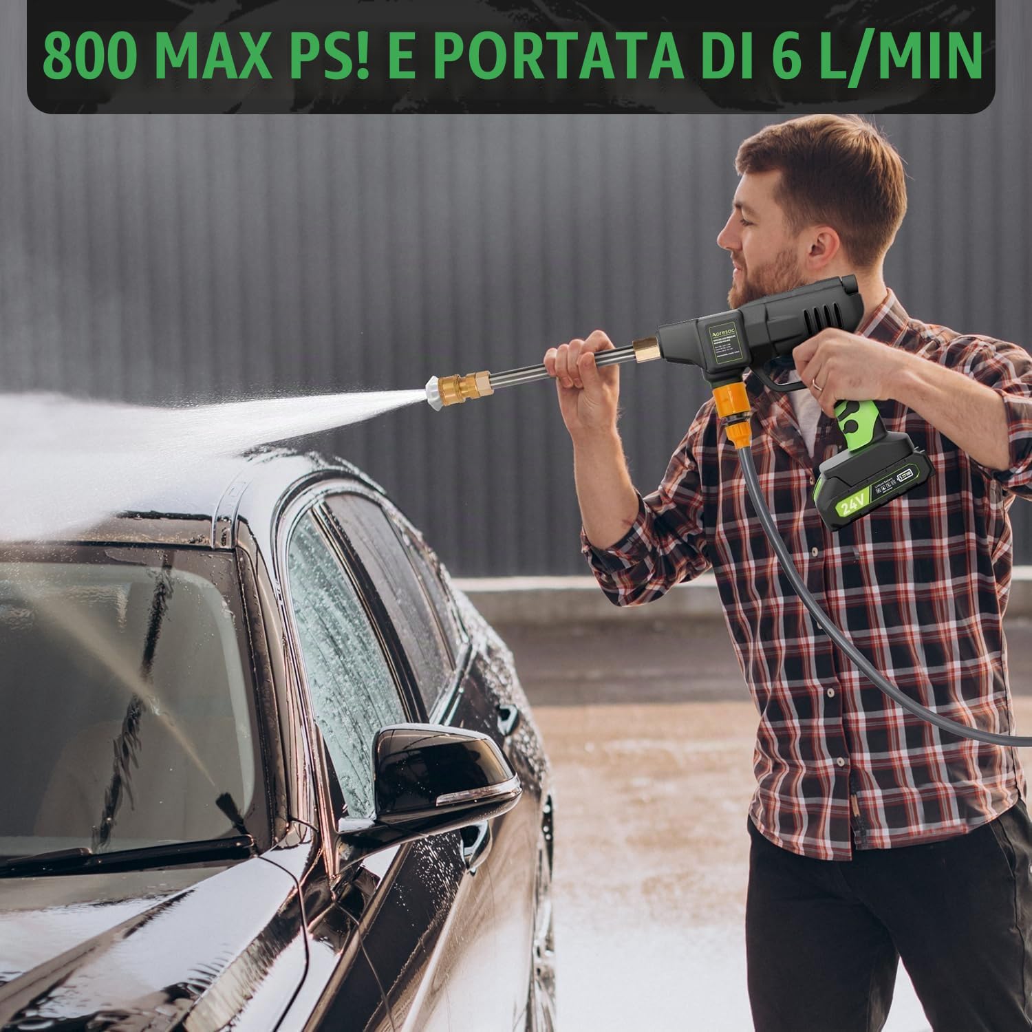 Aoresac Idropulitrice a Batteria 800PSI Idropulitrice Portatile con 2 Batteria 2000mAh, Ugello Multifunzione, Adattatore Rubinetto per Auto Moto Pulire Giardino Terrazza Prato Irrigazione