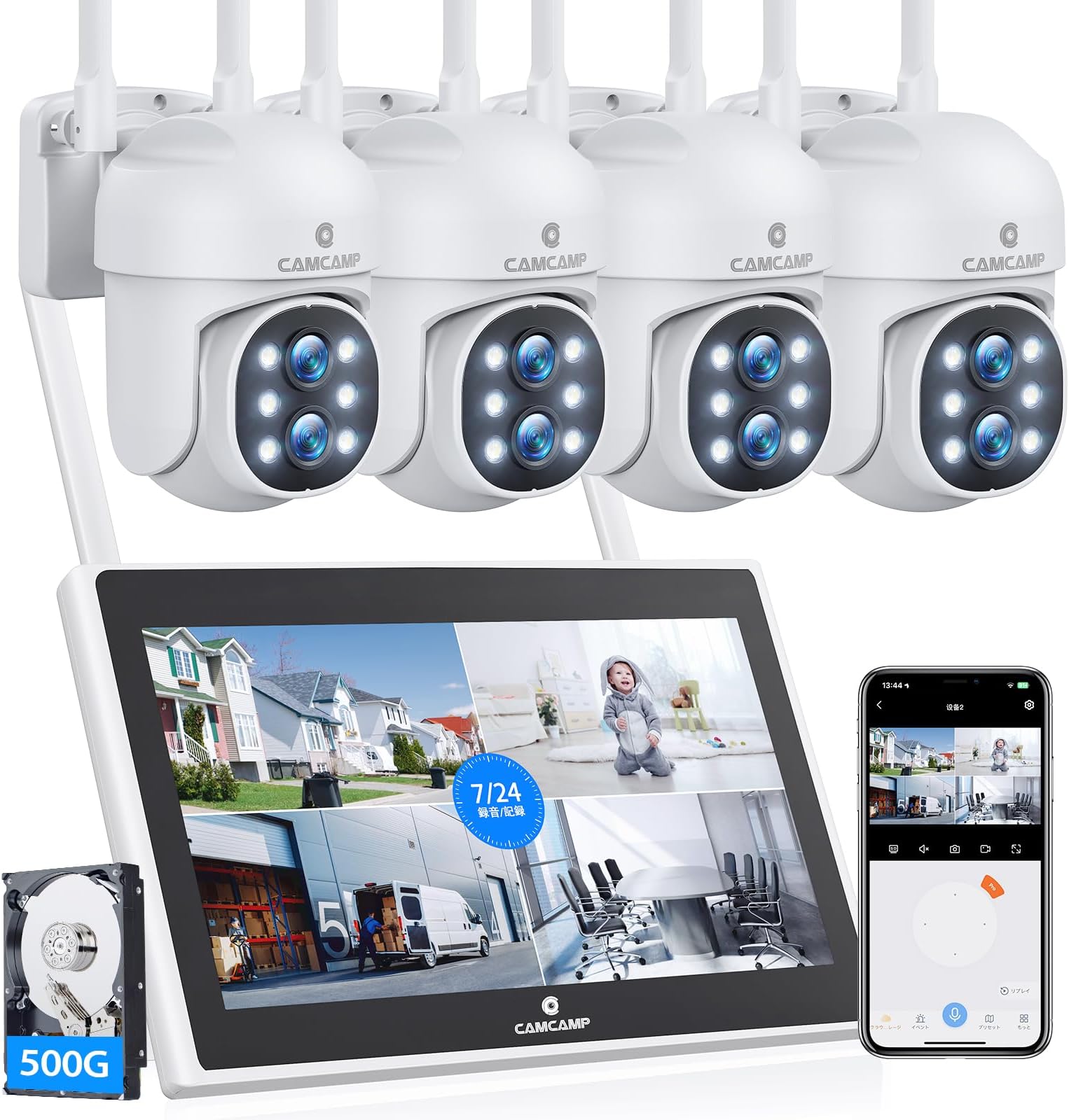 CAMCAMP Wireless Security Camera System Outdoor with 10.1" LCD Monitor, 4Pc 2K Dual Lens PTZ Security Cameras, 10X Zoom, Color Night Vision,Auto Tracking,2-Way Audio,10CH Expandable NVR, 500GB HDD