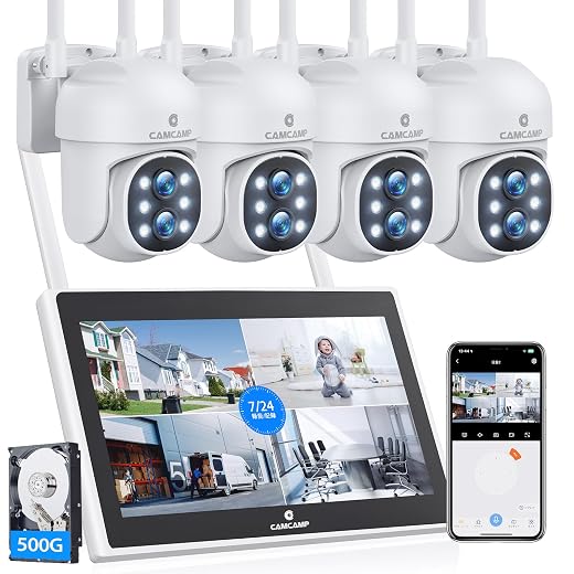 CAMCAMP Wireless Security Camera System Outdoor with 10.1" LCD Monitor, 4Pc 2K Dual Lens PTZ Security Cameras, 10X Zoom, Color Night Vision,Auto Tracking,2-Way Audio,10CH Expandable NVR, 500GB HDD