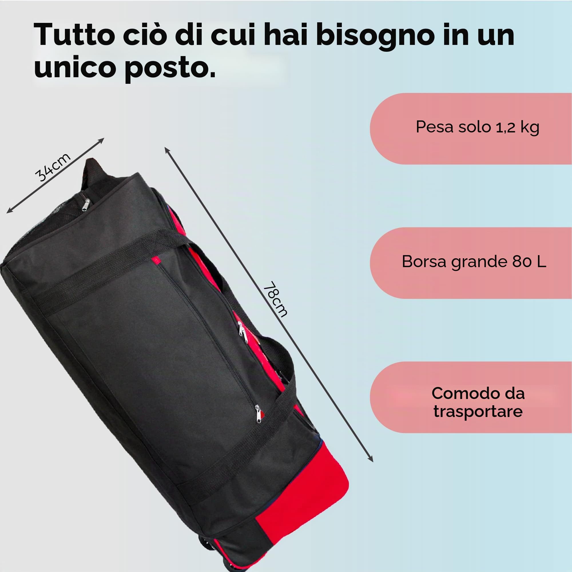 iN Borsa da viaggio pieghevole con ruote in plastica. Utilizzare come valigia leggera o zaino. Ideale per viaggi, kit sportivi e attrezzature. Nero/rosso, Borsone grande con ruote