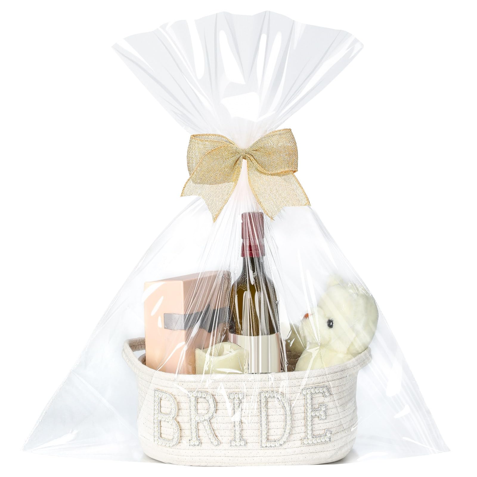 Geelin Bride Gift Basket with Cellophane Wrap Set Bride Gear with Bow Pearl Stickers 12 x 8 x 5'' Woven Basket with Handles for Bridal Shower Gifts