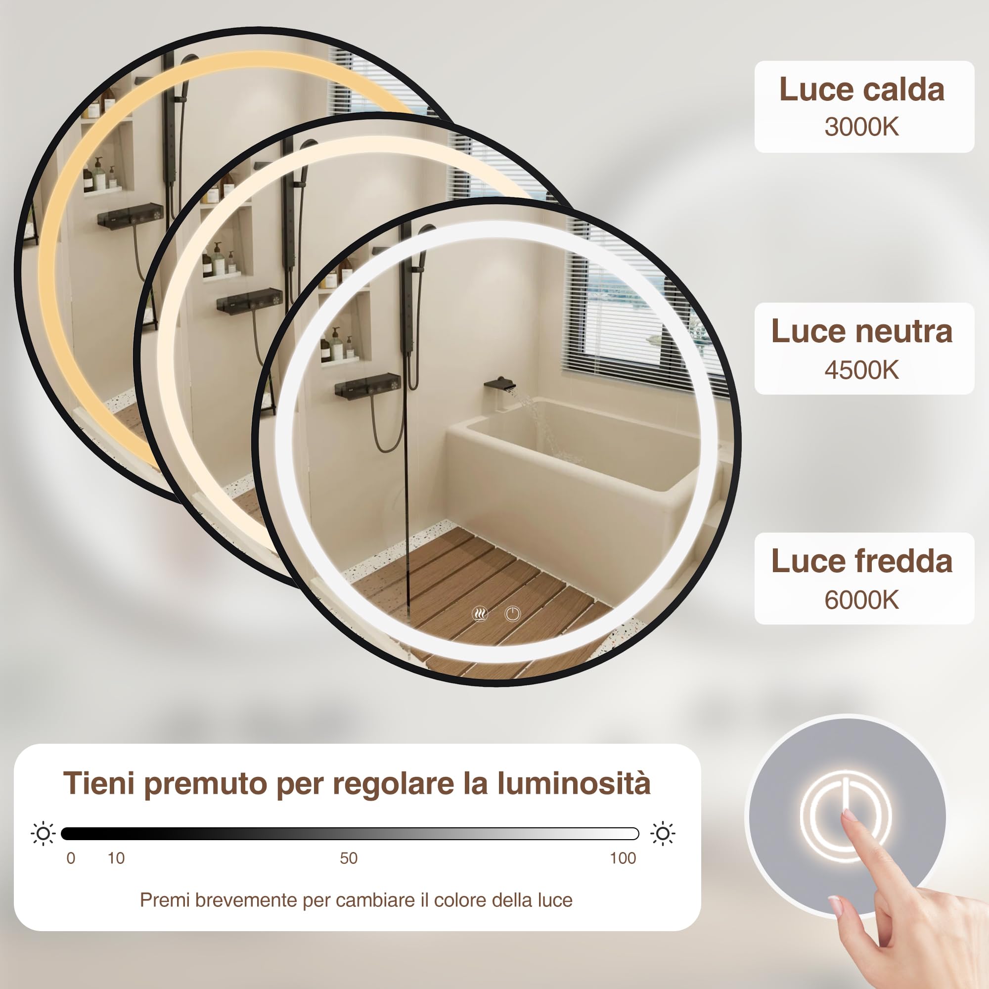 Specchio Contenitore Bagno con illuminazione e Antiappannamento Rotonda 50x50cm Armadietto Bagno a Parete con Presa (2*AC + 3*USB) e Lente d'ingrandimento 10x Nero (Nessun assemblaggio richiesto)