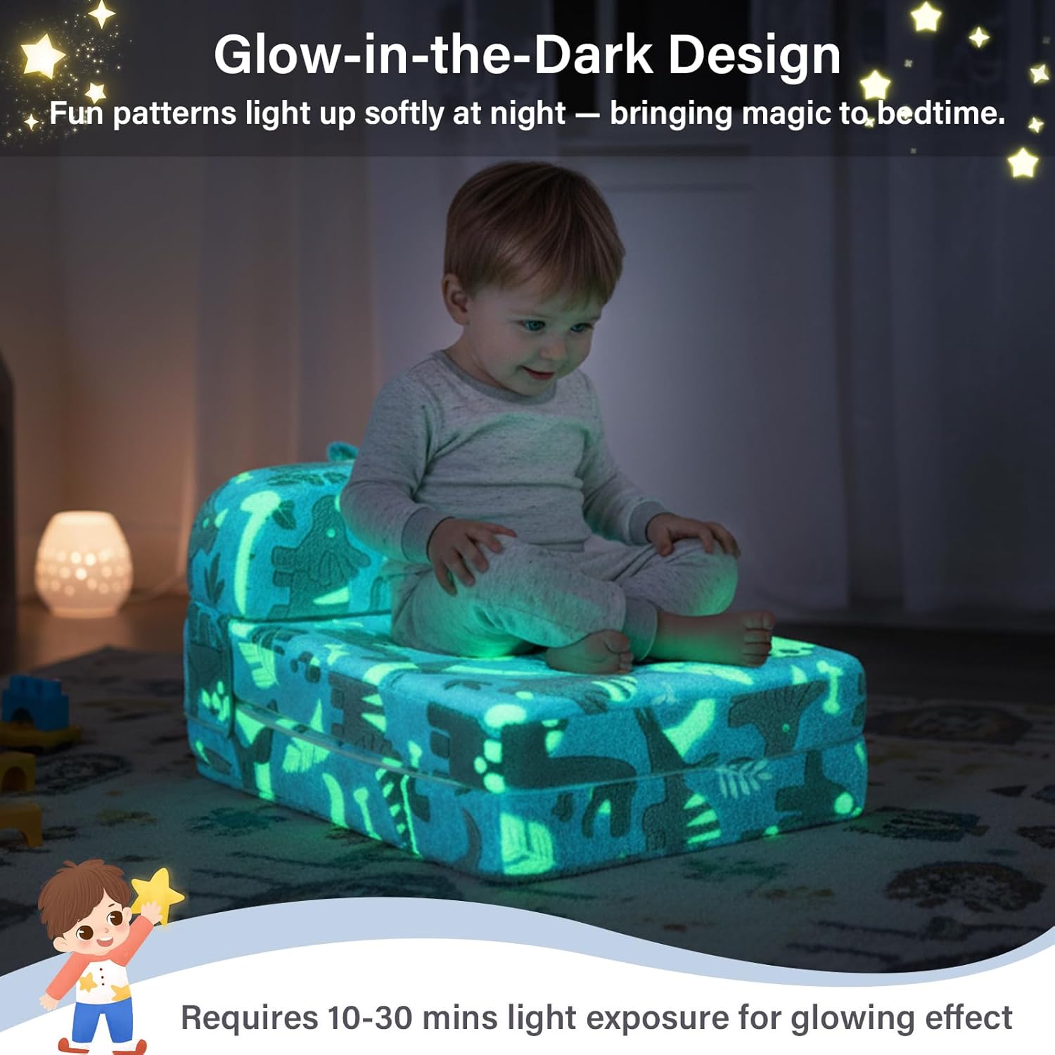 Tiita Folding Sofa Bed for Kids, Toddler Fold Out Couch Beds with Removable Cover, Kid Futon Sleeper Chair Folding Bed Mattress for Children Room, Living Room, Guest Room,Dinosaur