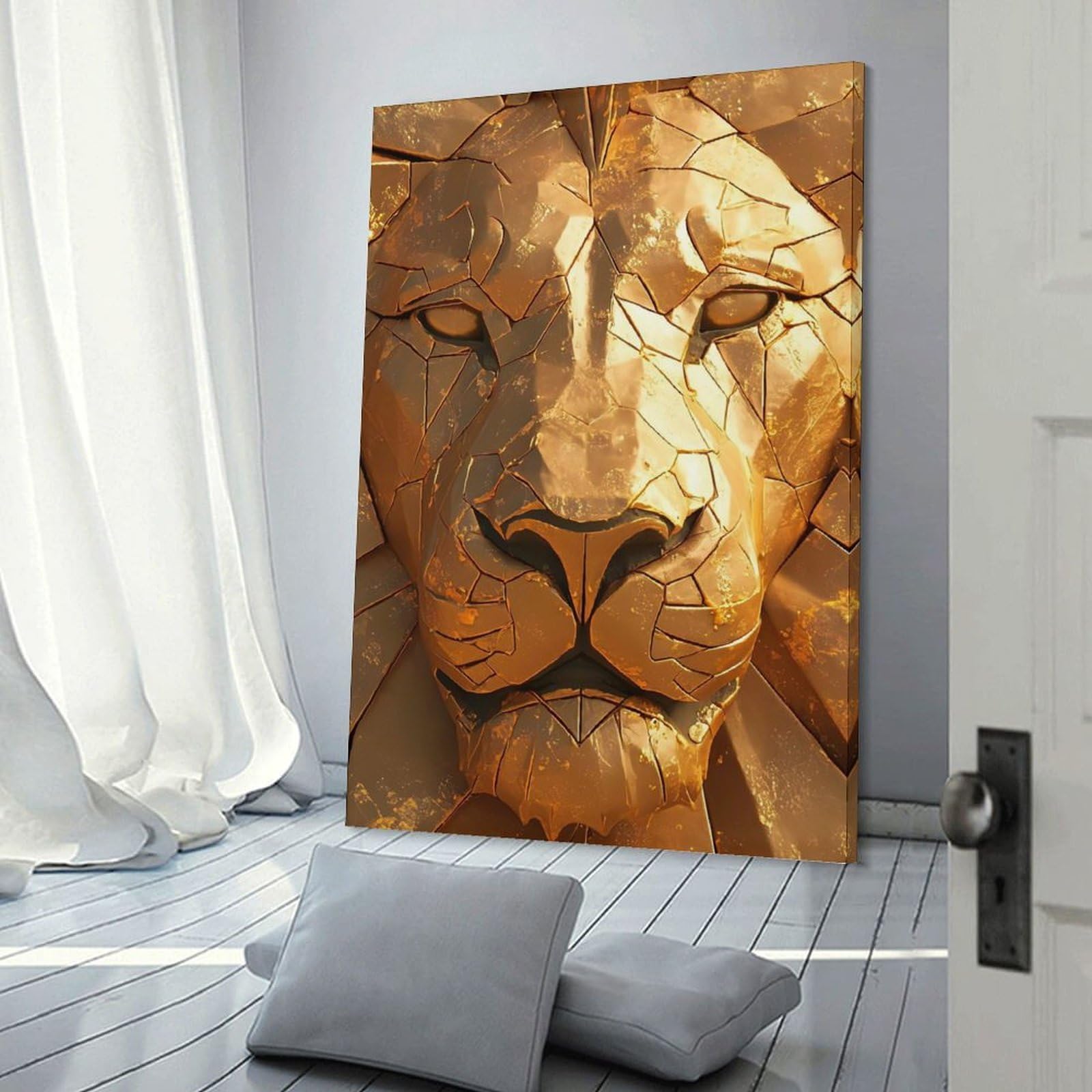 Junmoney Frame-Style-3-1 Canvas Wall Decor Golden Lion Head Sculpture Close-Up, 12X18inch(30X45cm), For Living Room, Bedroom, Office Or Hallway, Decorative Artwork With Broad Appeal