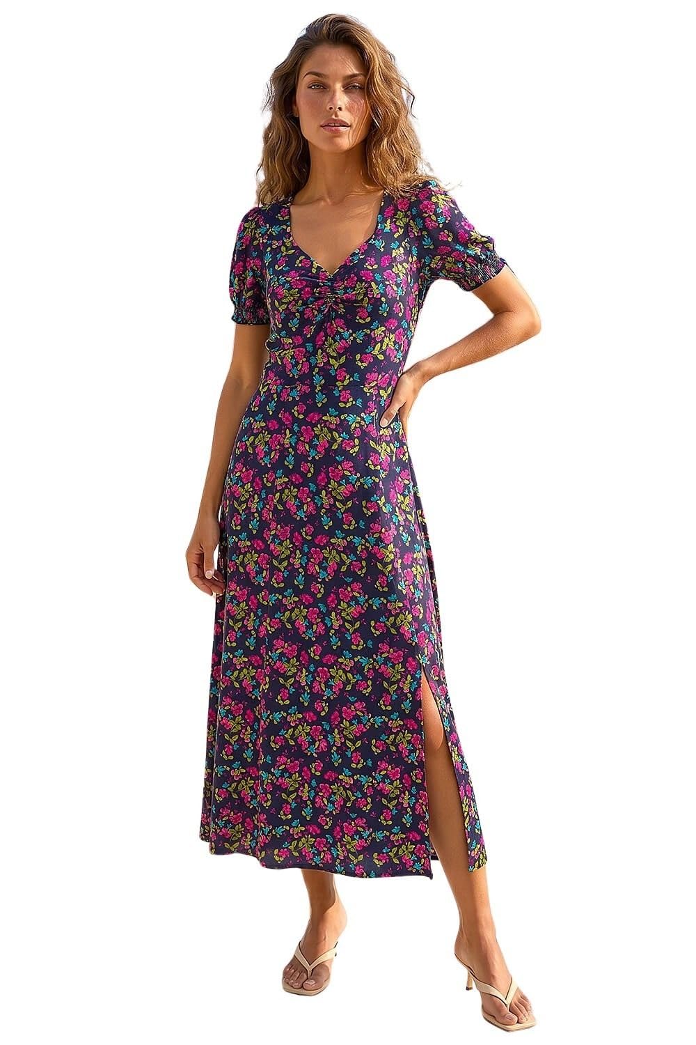 Roman Women's Mid Navy Floral Print Ruched Stretch Midi Dress In Size 20
