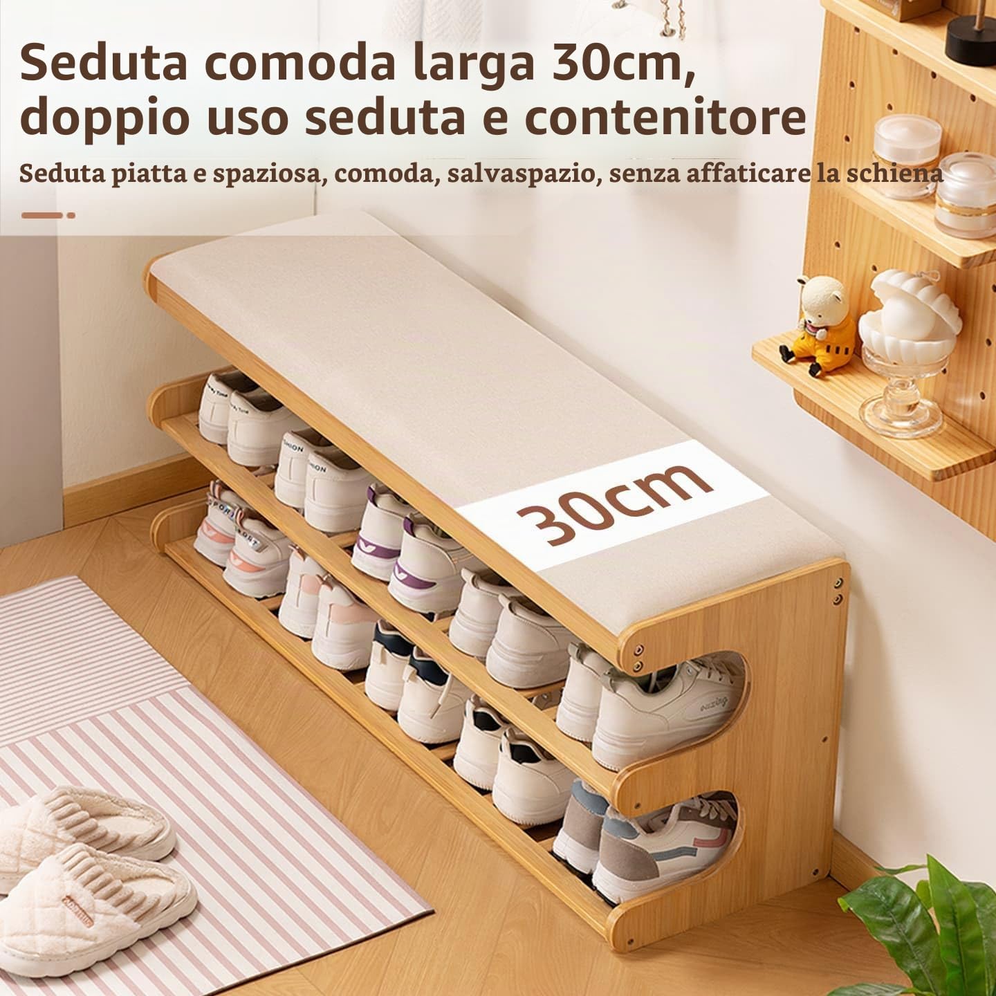 Panca Scarpiera Bambù con Seduta Imbottita, Porta Scarpe (cuscino bianco)