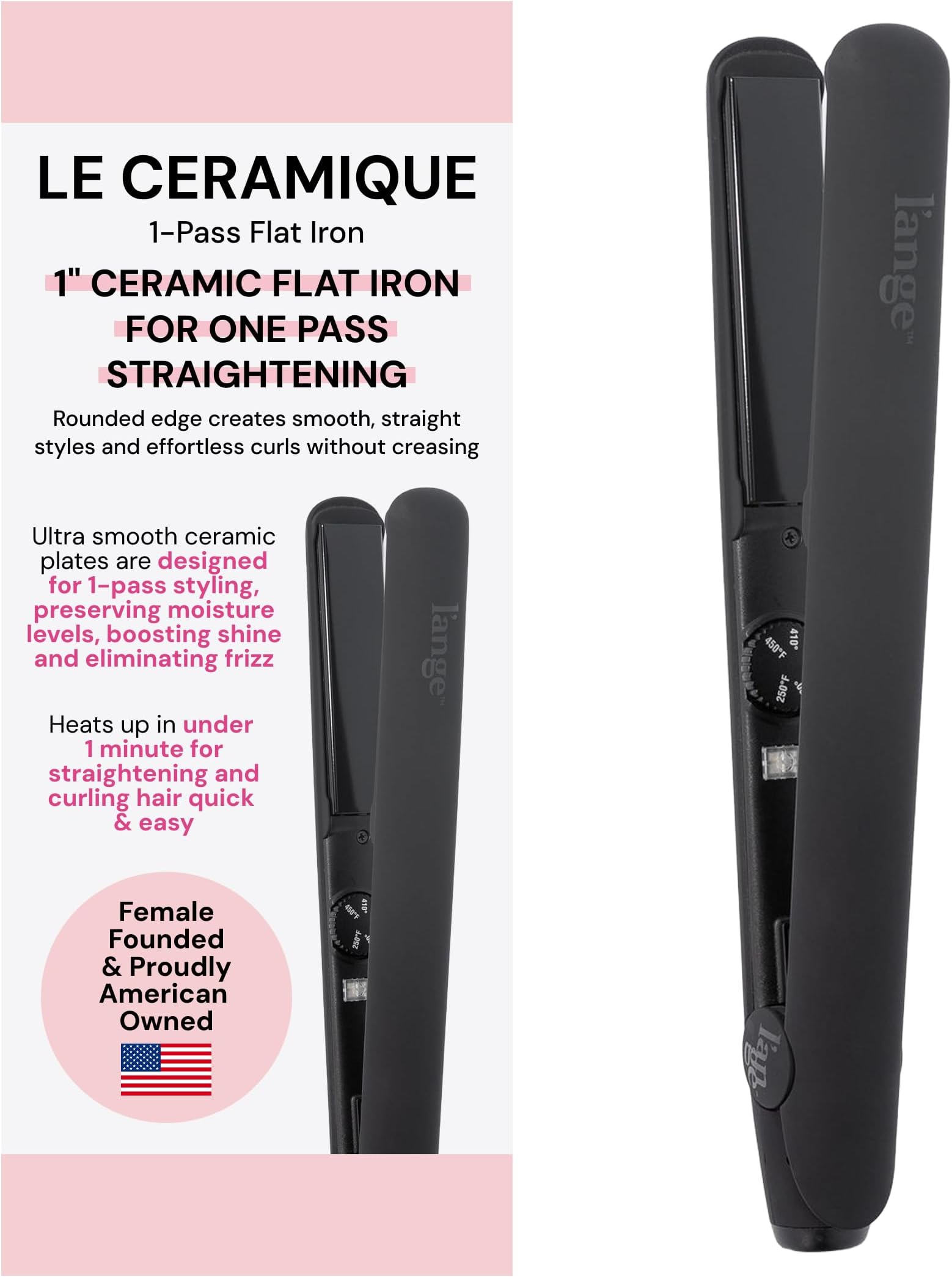Le Ceramique 1-Pass Flat Iron Hair Straightener | Fast Heating Ceramic Flat Iron | Best Hot Tools Professional Hair Straightener to Lock in Moisture & Shine | (Black)