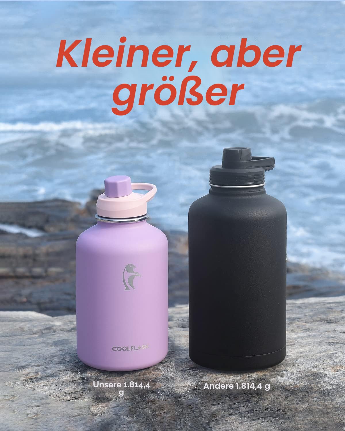 Coolflask 2L Trinkflasche Edelstahl mit PU-Lederhülle, Edelstahl-Wasserflasche Farbkontrast mit Strohhalmdeckel, Halb-Gallonen-Metall-Wasserflasche, Halten Sie kalt 48h heiß 24h, Lila