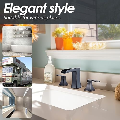 Miniatura 47 de Grifo de baño negro de 3 agujeros, grifos de cascada para fregaderos de baño de 4 a 16 pulgadas, grifo de tocador de dos manijas con drenaje Mate