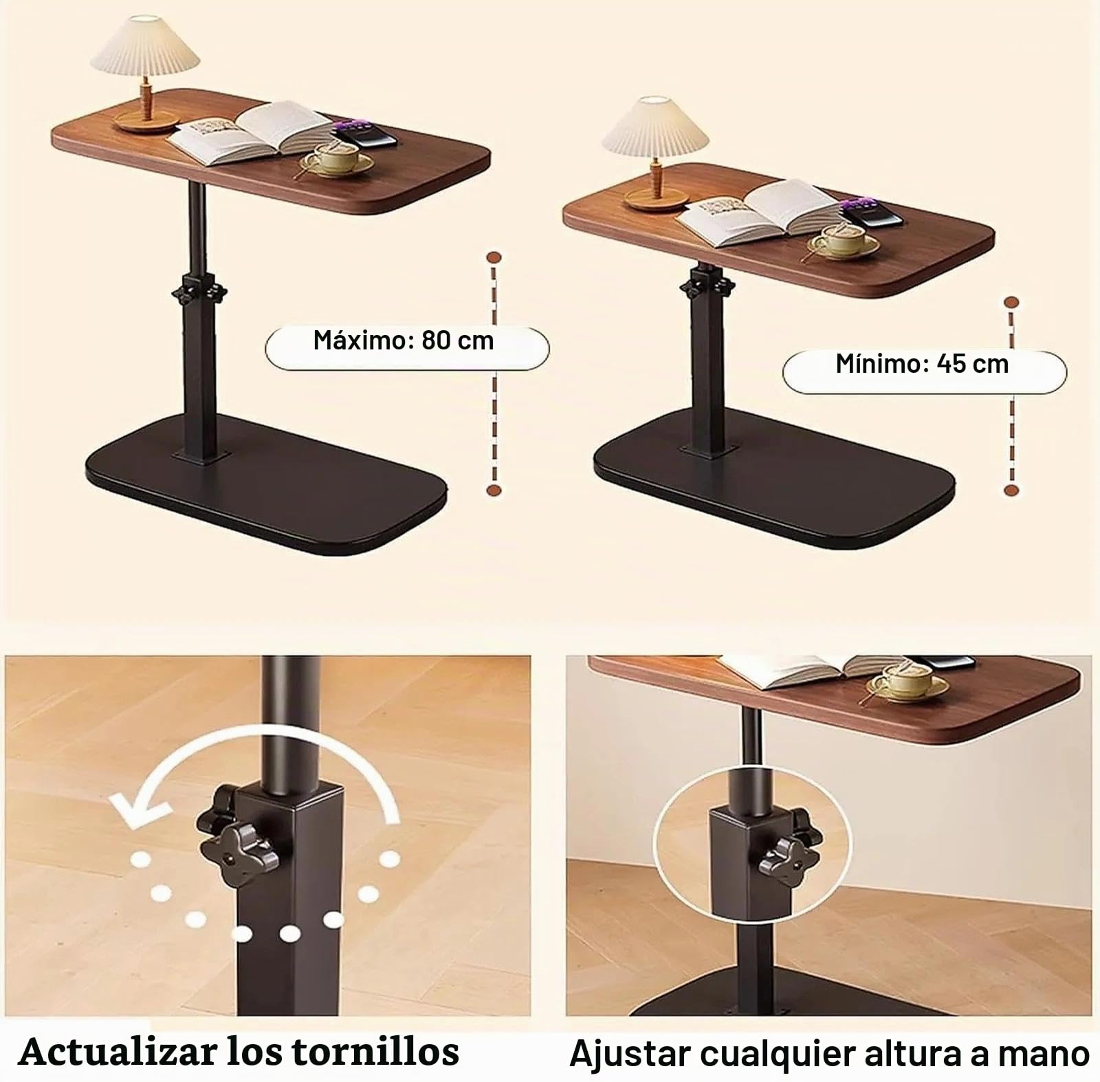 Mesa Auxiliar en C con Altura Ajustable, Mesa sobre Cama con Bandeja Giratoria 360°, Mesa Lateral para Sofá para Espacios Pequeños, Mesita de Noche o para Salón(D)
