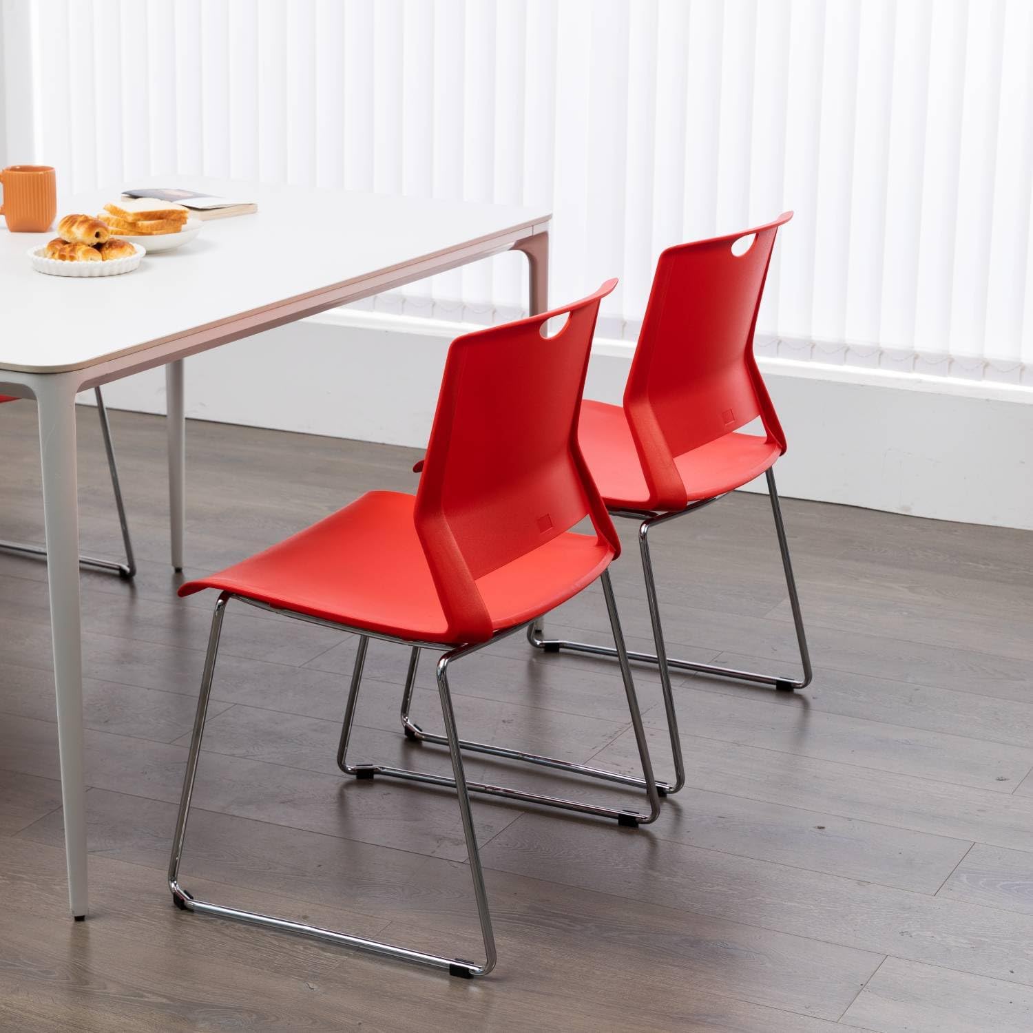 Office Guest Chair with Sled Base, Ergonomic Full Back Plastic Stacking Chair Without Wheels, Reception Chair for Office, Conference Room, Waiting Room, Red (4 Pack).