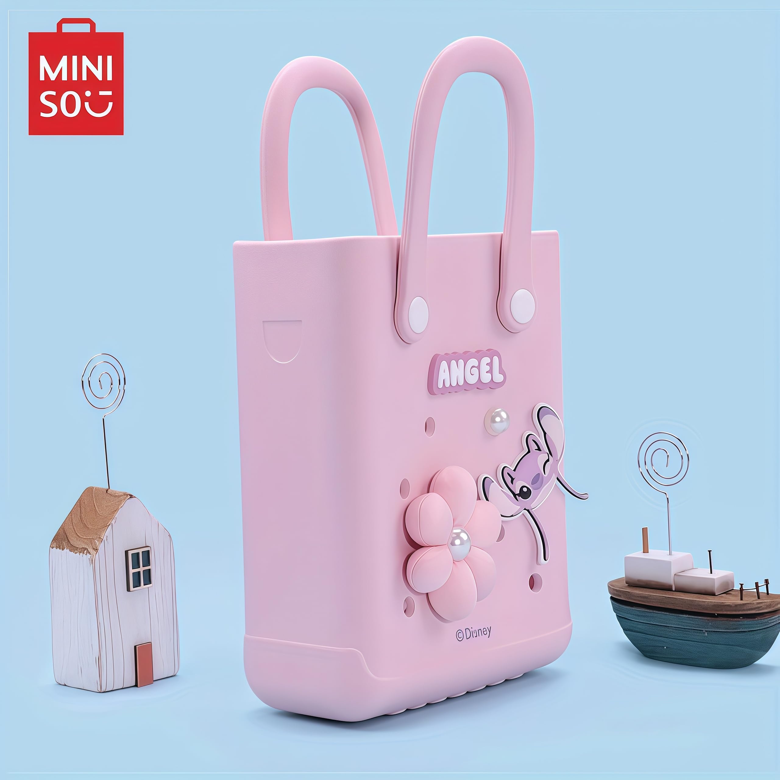 MINISO Disney Lilo & Stitch Series EVA Tote Bag, Light Blue, Stitch Character Theme, Decorative Starfish and Pearl Accents