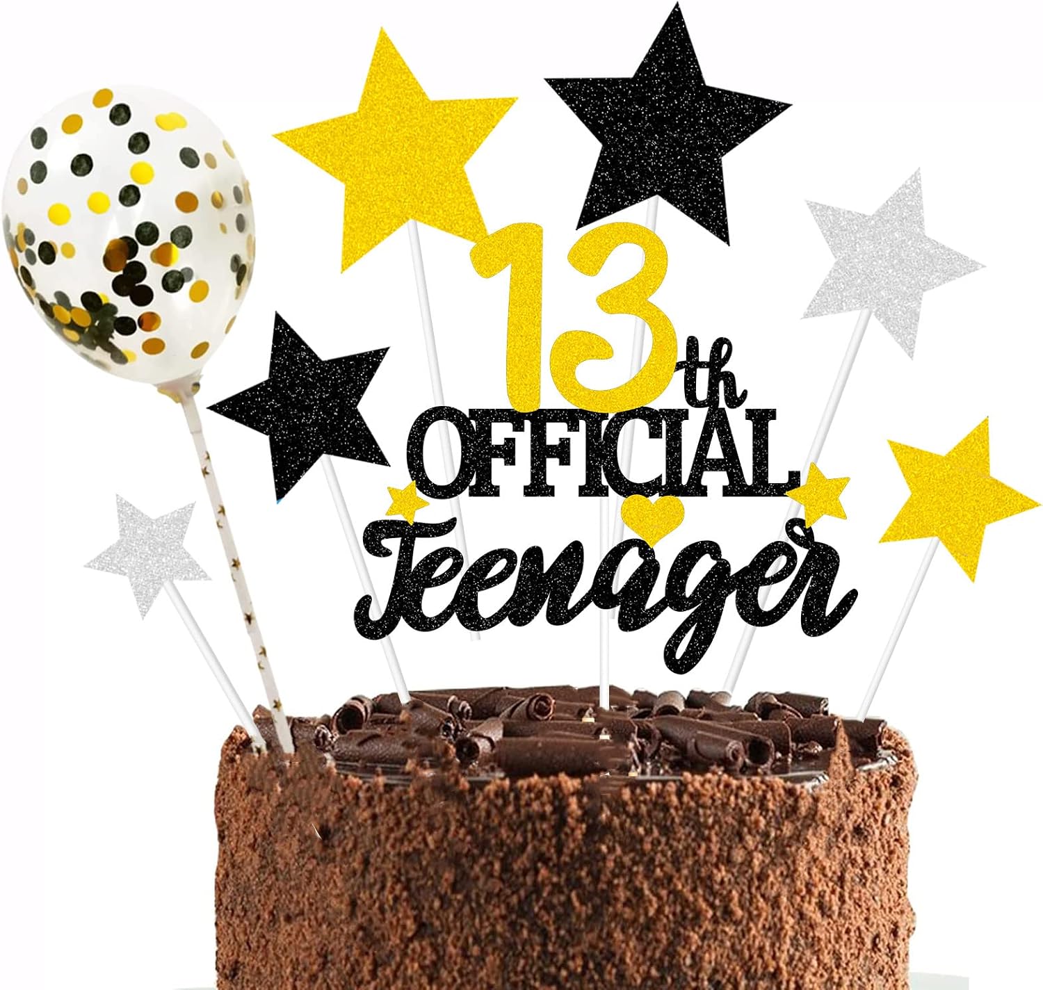 Elicola Glittery Black Gold 13 Official Teenager Cake Topper Boys and Girls 13th Birthday Party Supplies Thirteen Years Old Birthday Party Decor