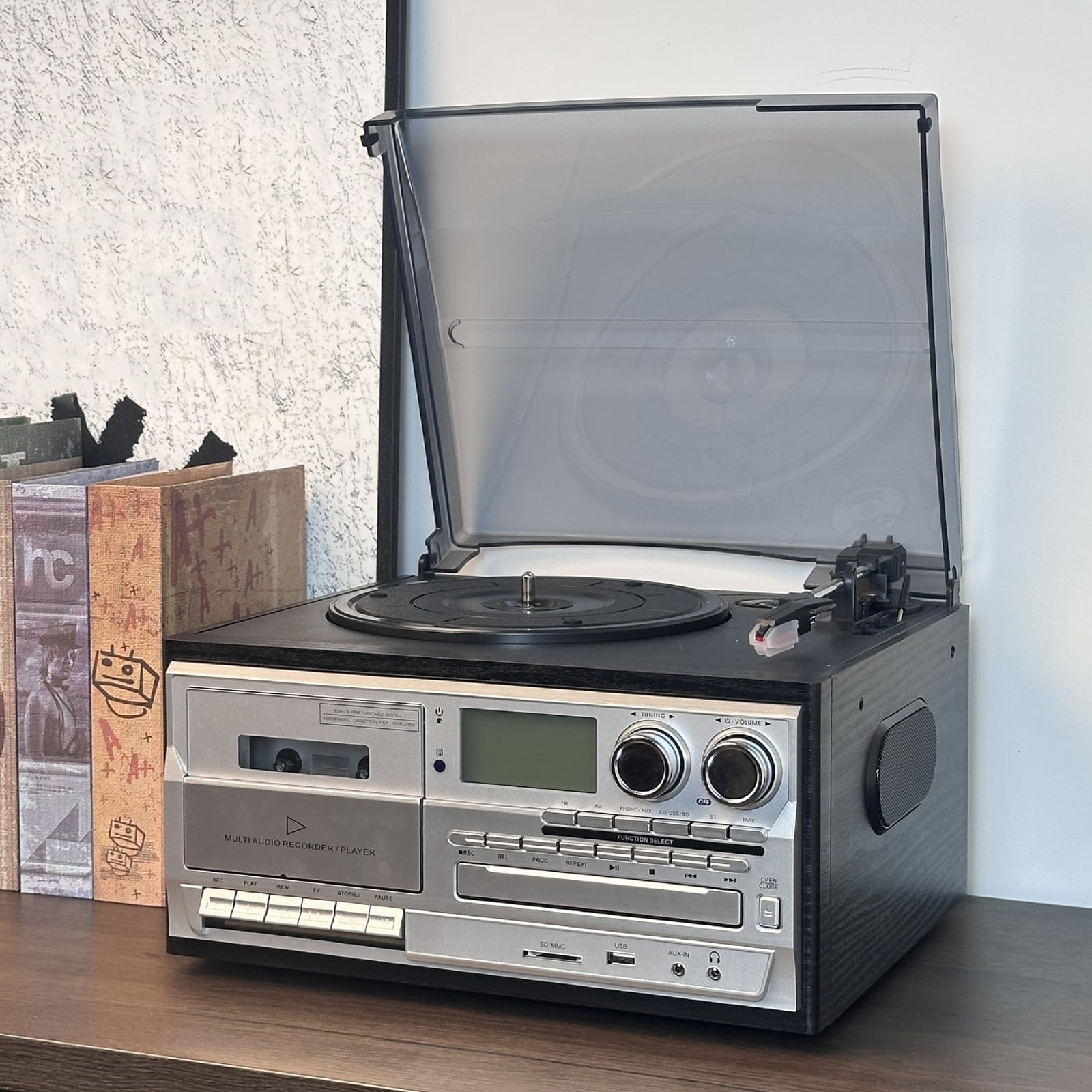 Giradischi Bluetooth 10 in 1 in vinile giradischi, lettore di cassette CD, 33/45/78 giri/min, altoparlanti integrati, pannello di controllo per l'intrattenimento domestico