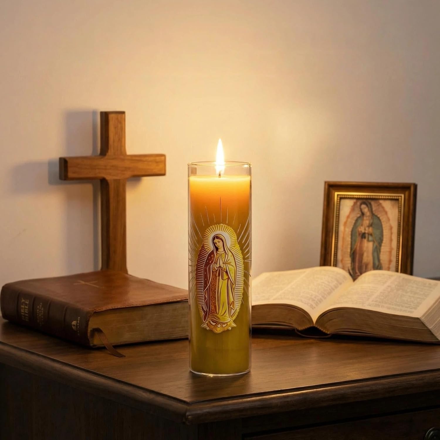 Virgen de Guadalupe Glass Beeswax Pillar Candle