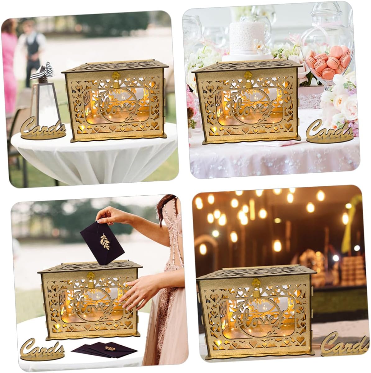 Wooden Hollow Card Box with Glitter Portable Greeting Card Container for Wedding Birthday Valentine’s Day Decoration and Blessing Collection