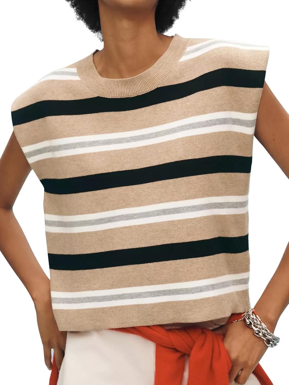 Moreone Womens Sweater Vest Cap Sleeve Crew Neck Sleeveless Casual Ribbed Knit Cropped Pullover Tank Tops Large Short Stripe Camel