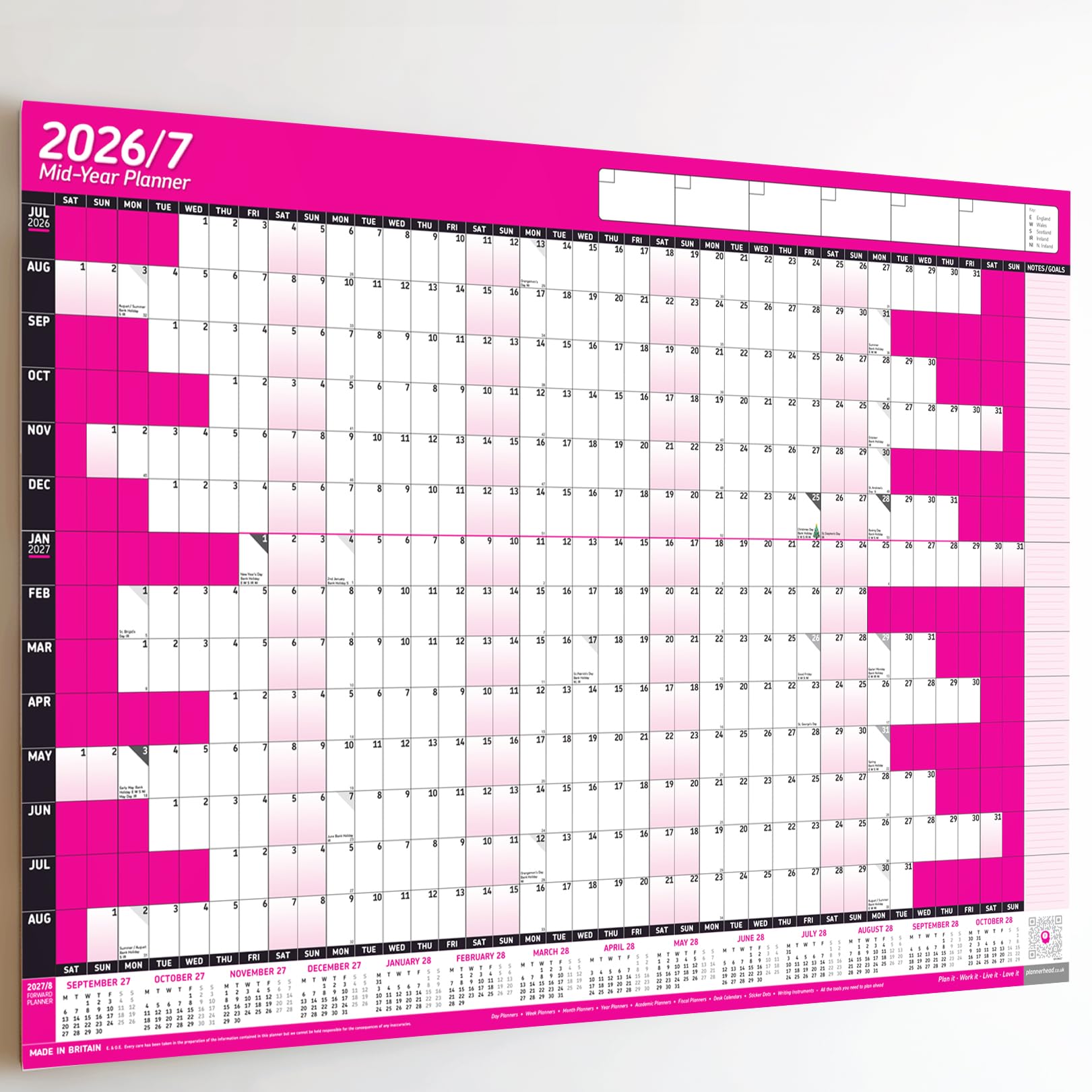 PlannerHead 2026/27 Academic Wall Planner/July 2026-August 2027 Calendar UK/Unmounted Unlaminated Year Planner Poster/Pink A1+ 62cm x 88cm (Rolled)