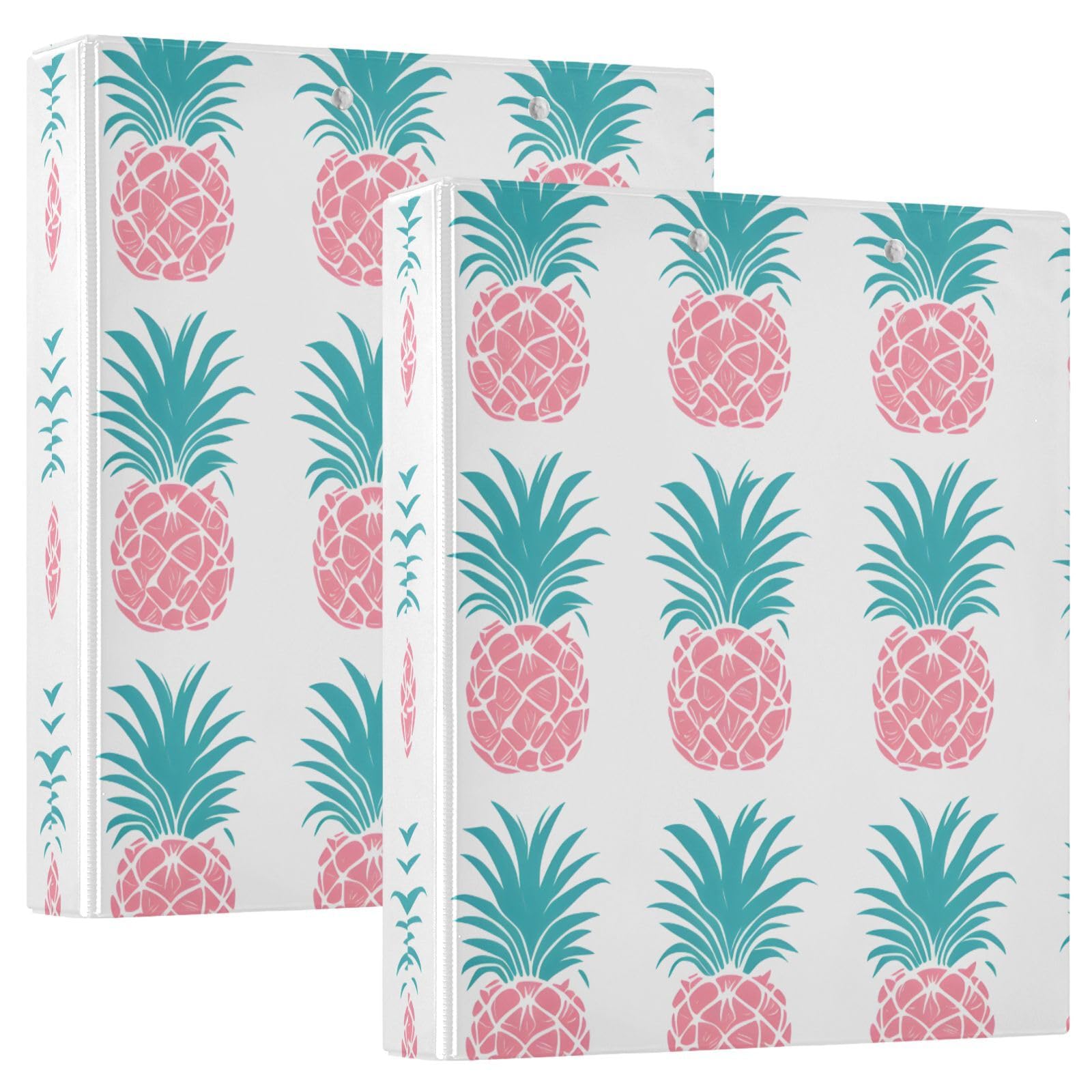 Confezione da 2 raccoglitori a 3 anelli, stampa ananas rosa, 3,8 cm, con 3 tasche trasparenti, portablocco e contiene 200 fogli, per ufficio, scuola, organizzazione domestica