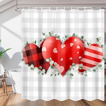 Shower Curtains for Bathroom, Red Heart Plaid Bathroom Curtain with 12 Hooks, Water-Resistant Home Bathtub Curtains for Bathtub Shower Stall, 60x72 Inches