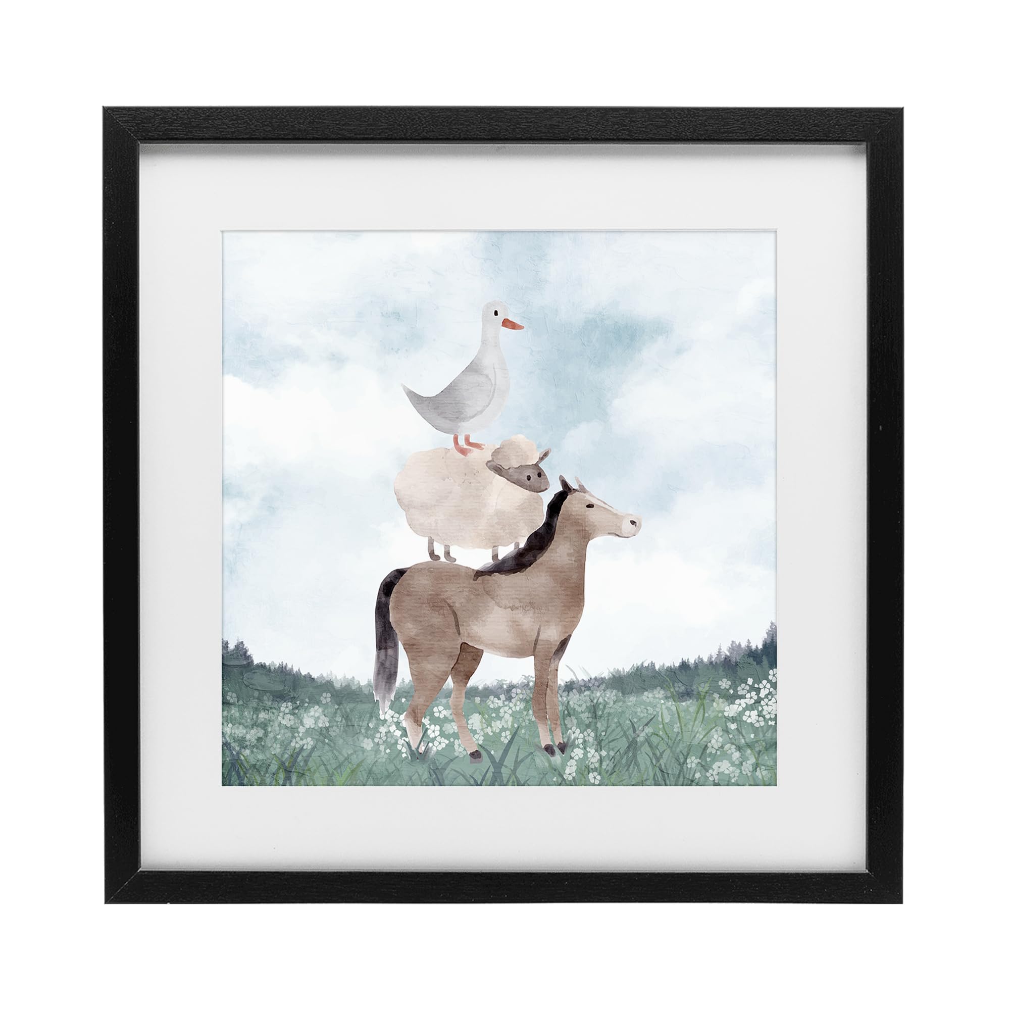 Stupell Industries Pastoral Farm Animals Scene 'Muted Blue Sky Farm', Framed Print Under Glass, Black, 16 X 16 Inches, Easy To Hang And Sturdy, Made In Usa, By Kim Allen