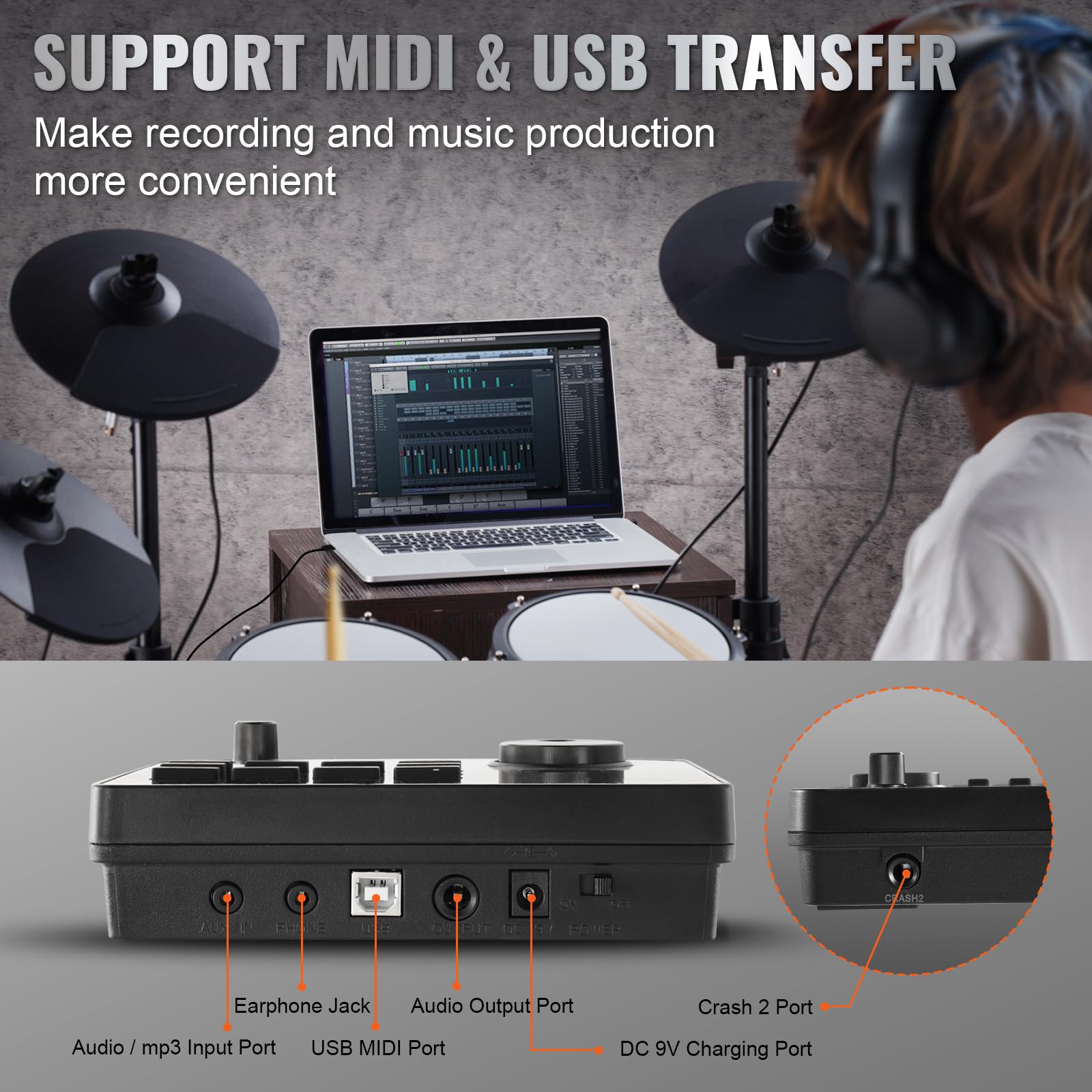 VEVOR Set di Batteria Elettronica, 32 Kit di Batteria e 480 Suoni, Kit di Batteria Elettronica, Batteria Rullante a Rete Silenzioso 203,2 mm con Supporto USB MIDI con Piatti, Bacchette e Pedali