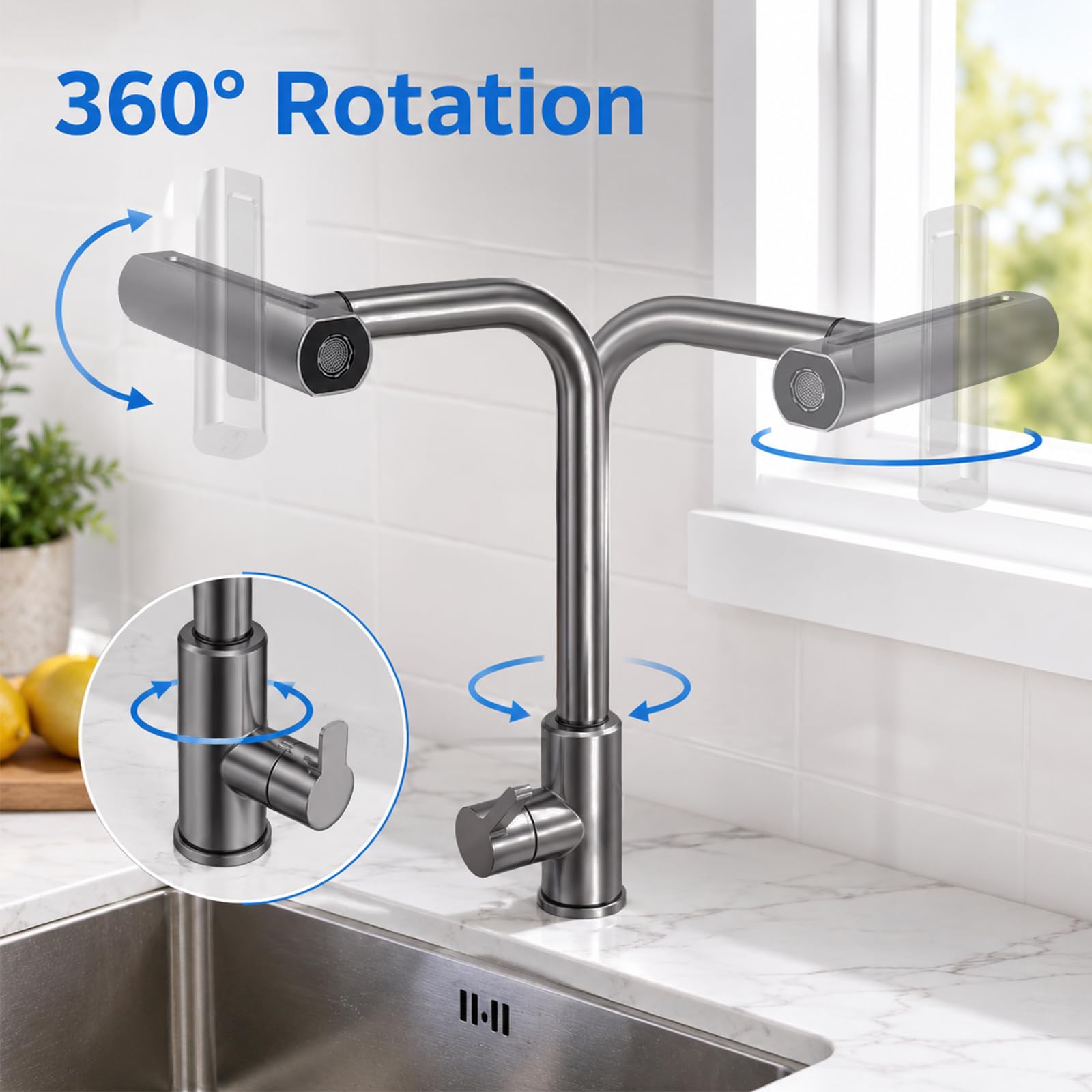 Grifo de cocina extraíble, grifo de cocina con ducha extraíble de 4 modos, caño giratorio 360°, cabezal de ducha extraíble, mezclador de alta presión de acero inoxidable 304 para agua fría y caliente