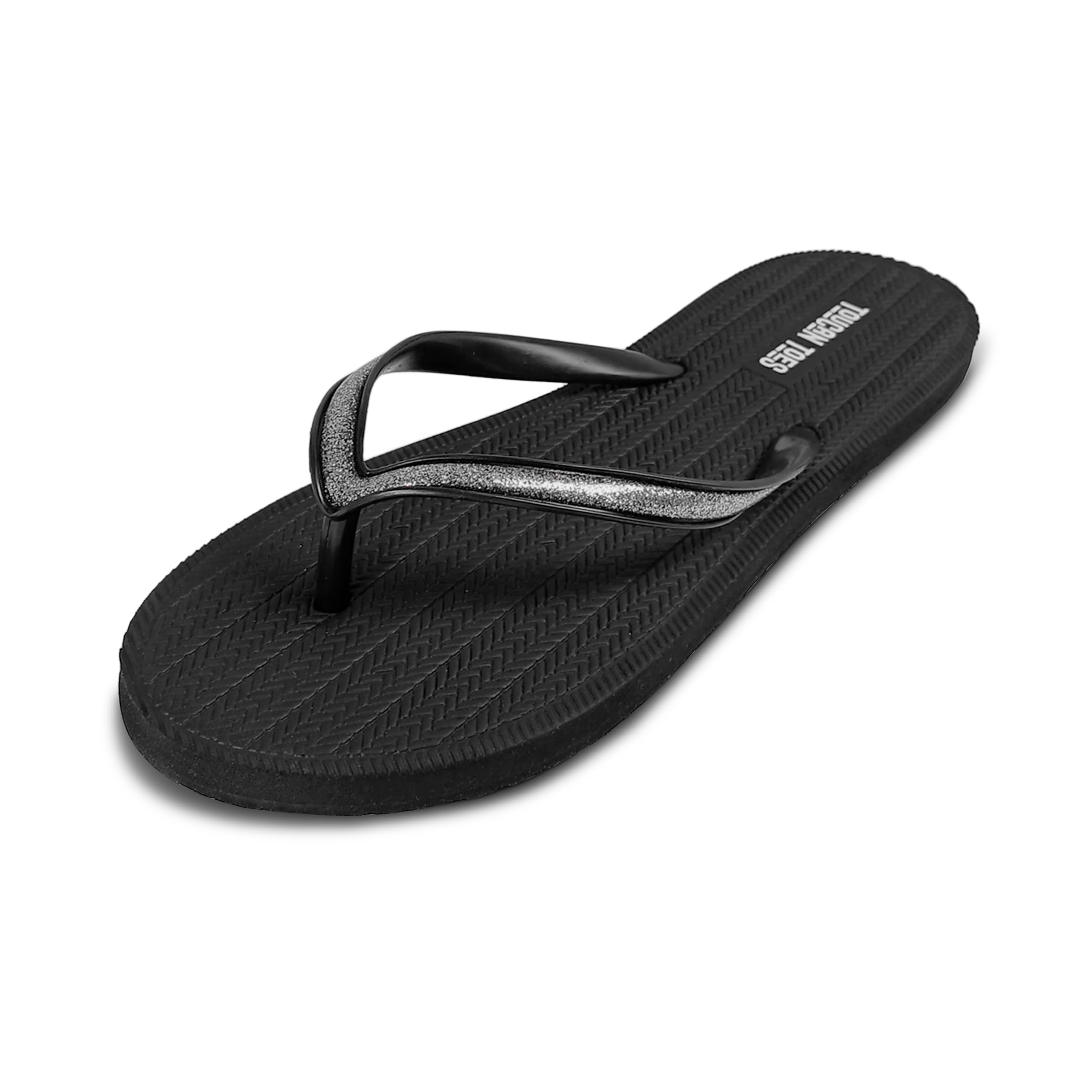 women's flip flops, glitter strap, textured footbed, beach sandals