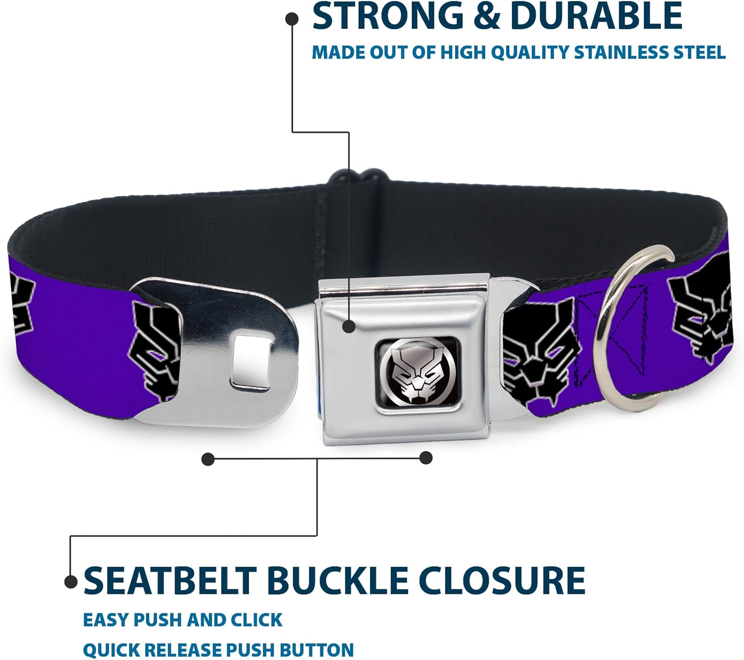 Marvel Comics Pet Collar, Dog Collar Metal Seatbelt Buckle, Black Panther Avengers Icon Purple White Black, 15 to 24 Inches 1.0 Inch Wide